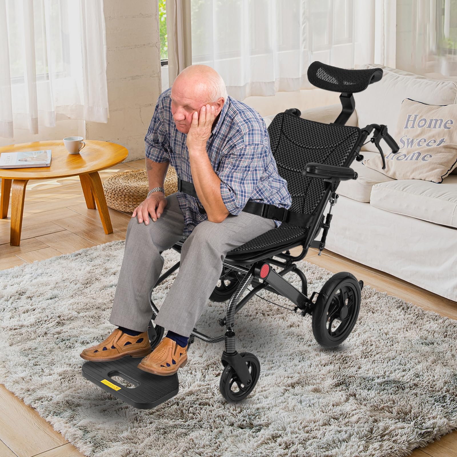 Silla de ruedas plegable de transporte, silla de ruedas plegable, para personas mayores de transporte independiente, silla de ruedas reclinable, silla de ruedas de viaje con reposapiés y rango de