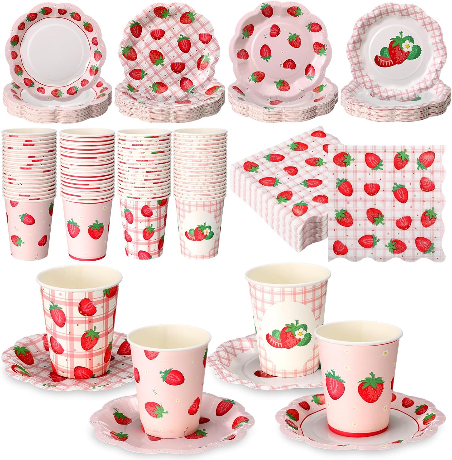 Yungyan 216 Pcs 72 Guest Strawberry Party Paper Plates and Napkins Strawberry Decoration Disposable 6" Scalloped Dessert Plates 9 oz Cup Tableware Set for Baby Shower Berry First Birthday Supplies