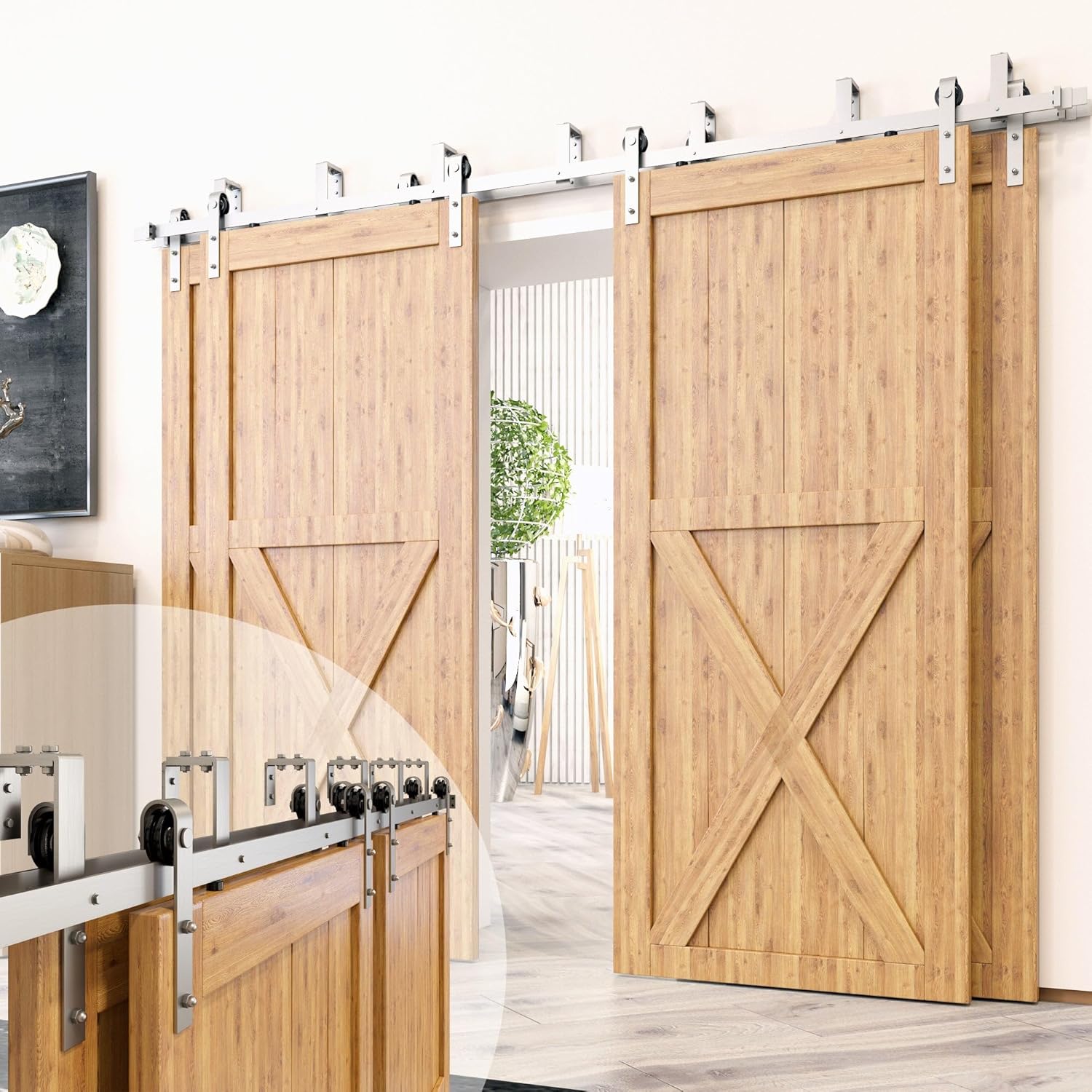 Homacer Brushed Nickel Double Track U-Shape Bypass Sliding Barn Door Hardware Kit, for Four Doors, 8ft Long Flat Track, Classic Design Roller