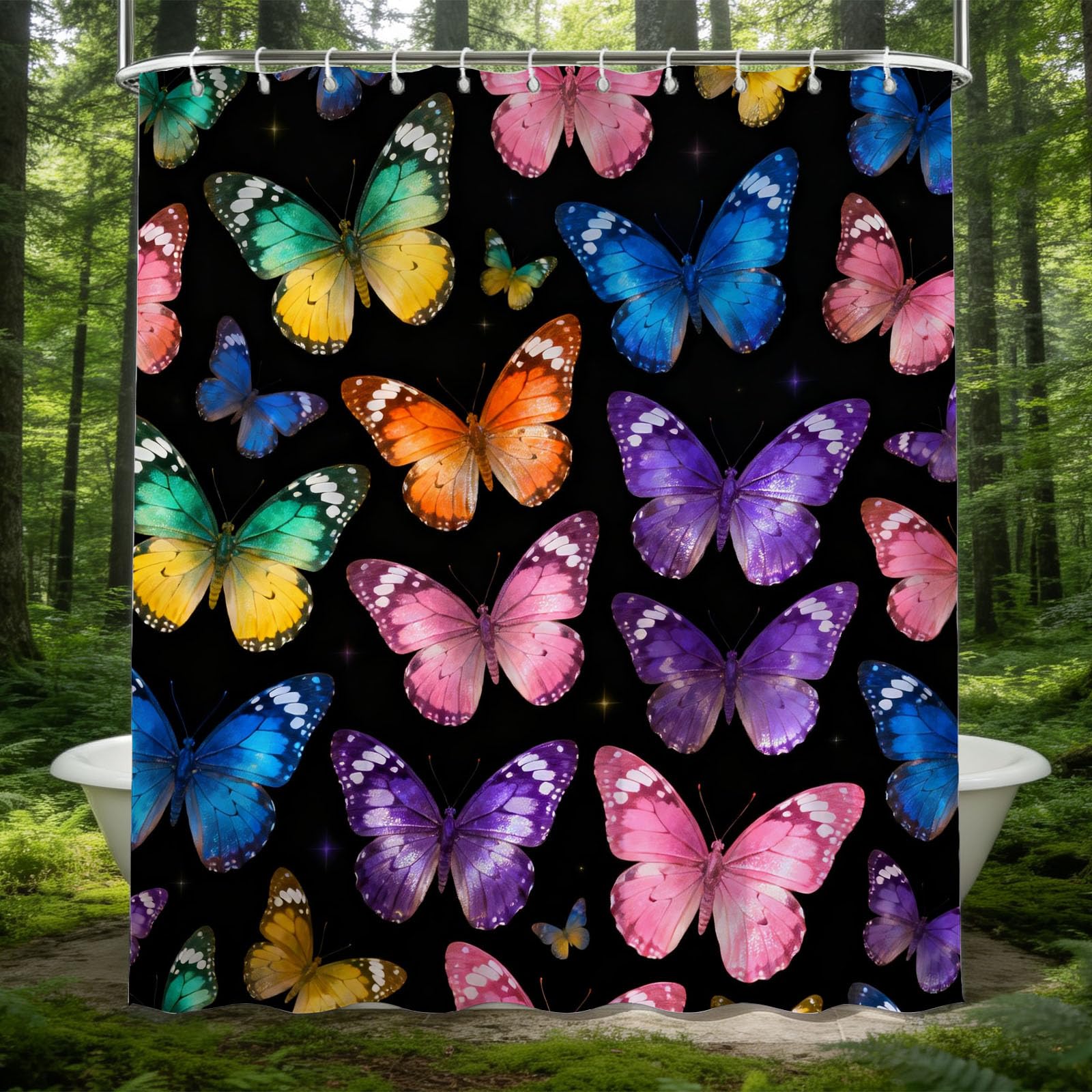 Hongduo 3D Colorful Butterfly Shower Curtain for Stalls Bathtubs Colorful Bathroom Decor Shower Curtain Set Polyester Fabric Waterproof 180x180cm/71X71 Inch with Hooks