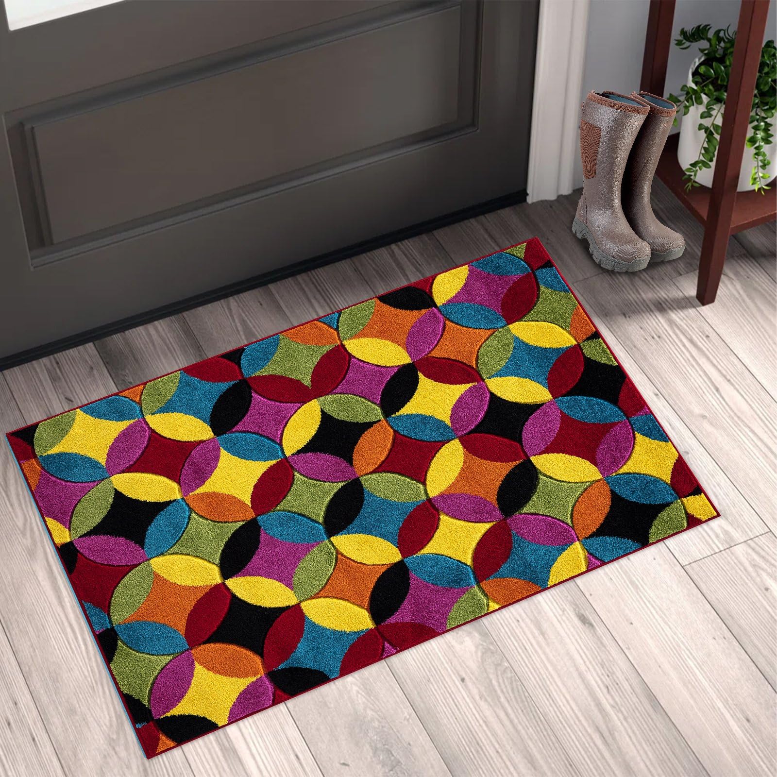 renoazul® Multicoloured Large Door Mat for Entrance, Hallway and Kitchen, 60 x 110 cm, Circle Bright, Soft Thick Pile Fluffy Thick Plush Geometric Pattern Mat — image 1