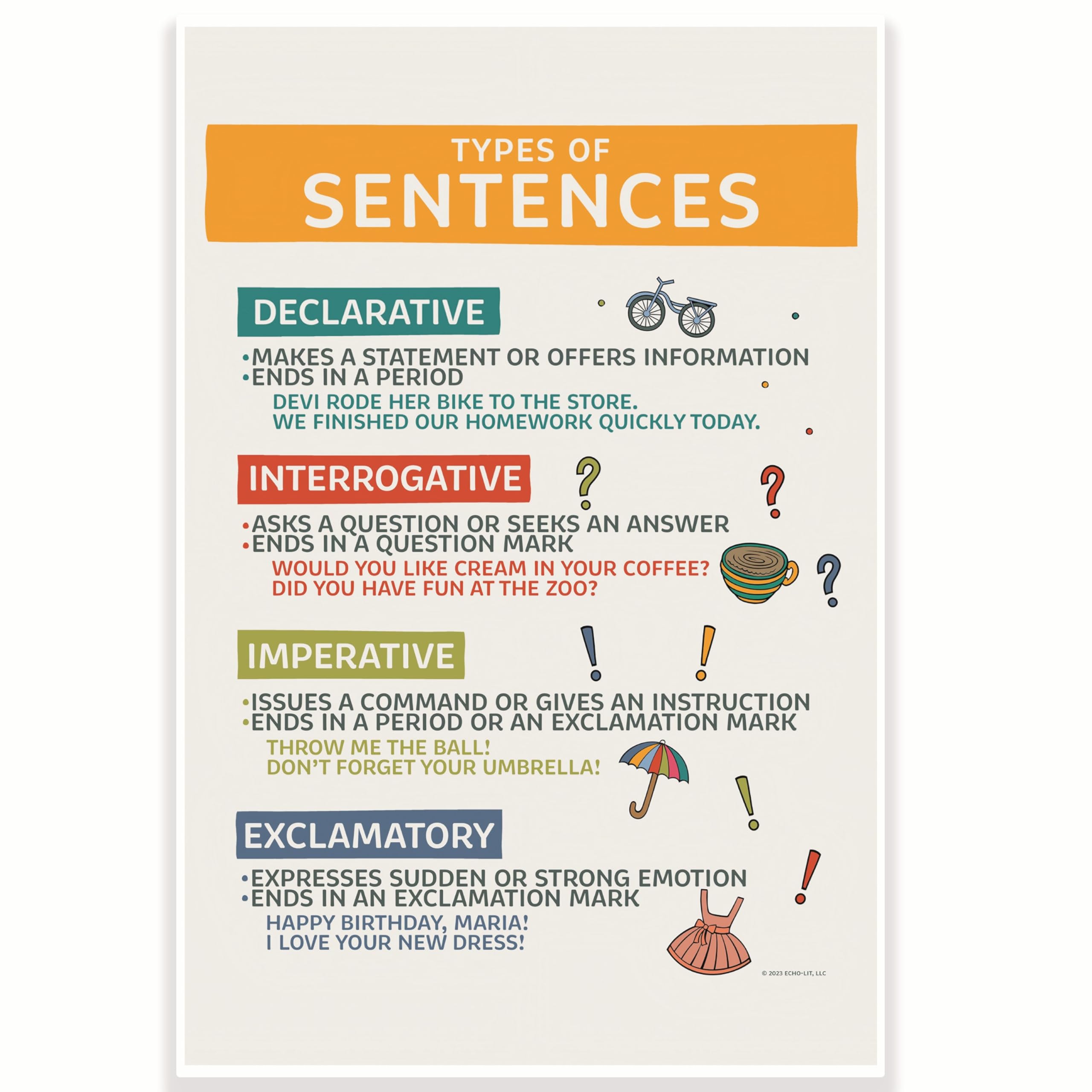 Types of Sentences English Classroom Poster - English Grammar Poster - ESL EFL Poster - 12 x 18 Inch - Classroom Decor - Classroom Must Haves - Back To School Decor - CPS0675