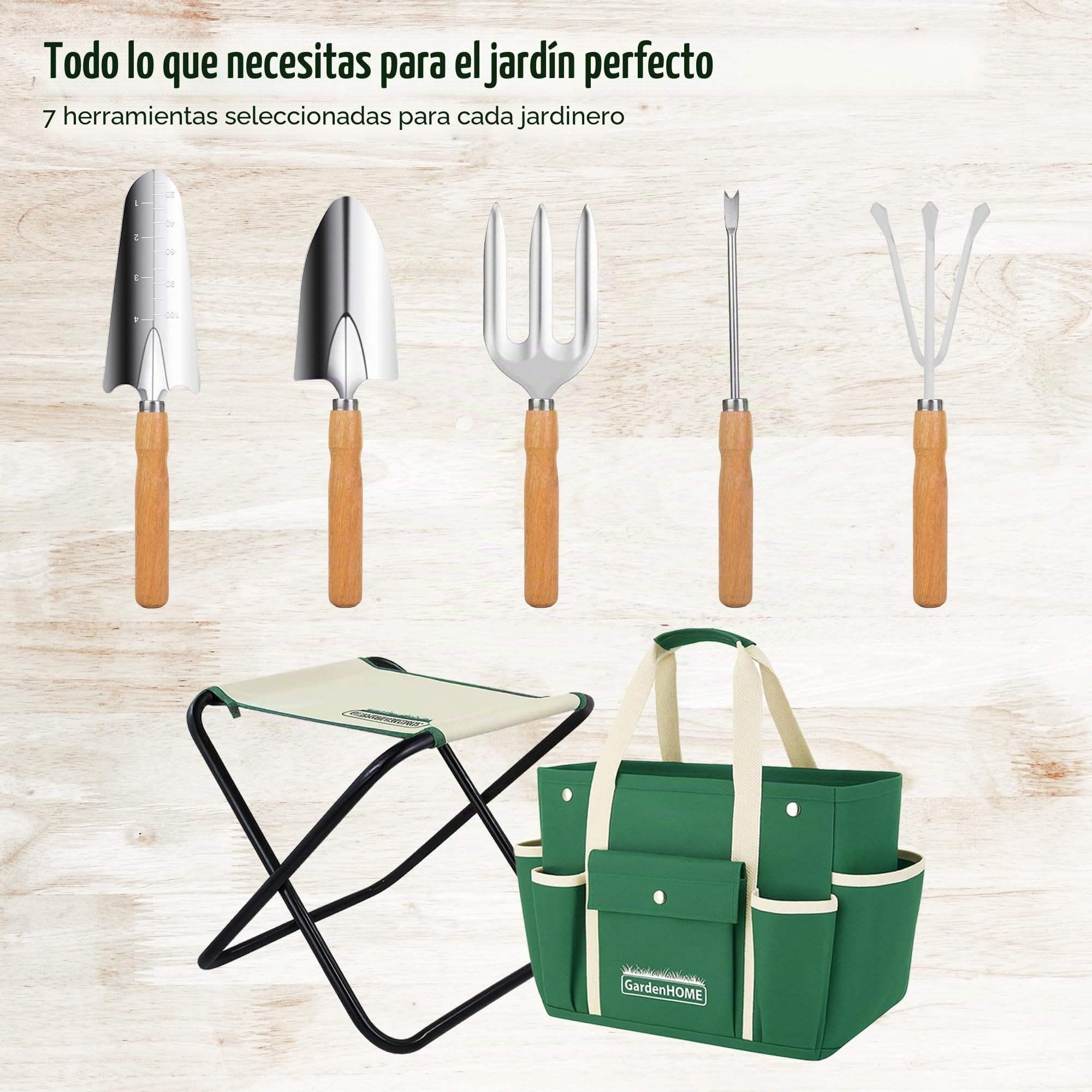 GardenHome Taburete Plegable para Jardinería 7 en 1 - Incluye Juego de Herramientas de Jardín de Acero Inoxidable de 5 Piezas y Estuche de Transporte Gratuito