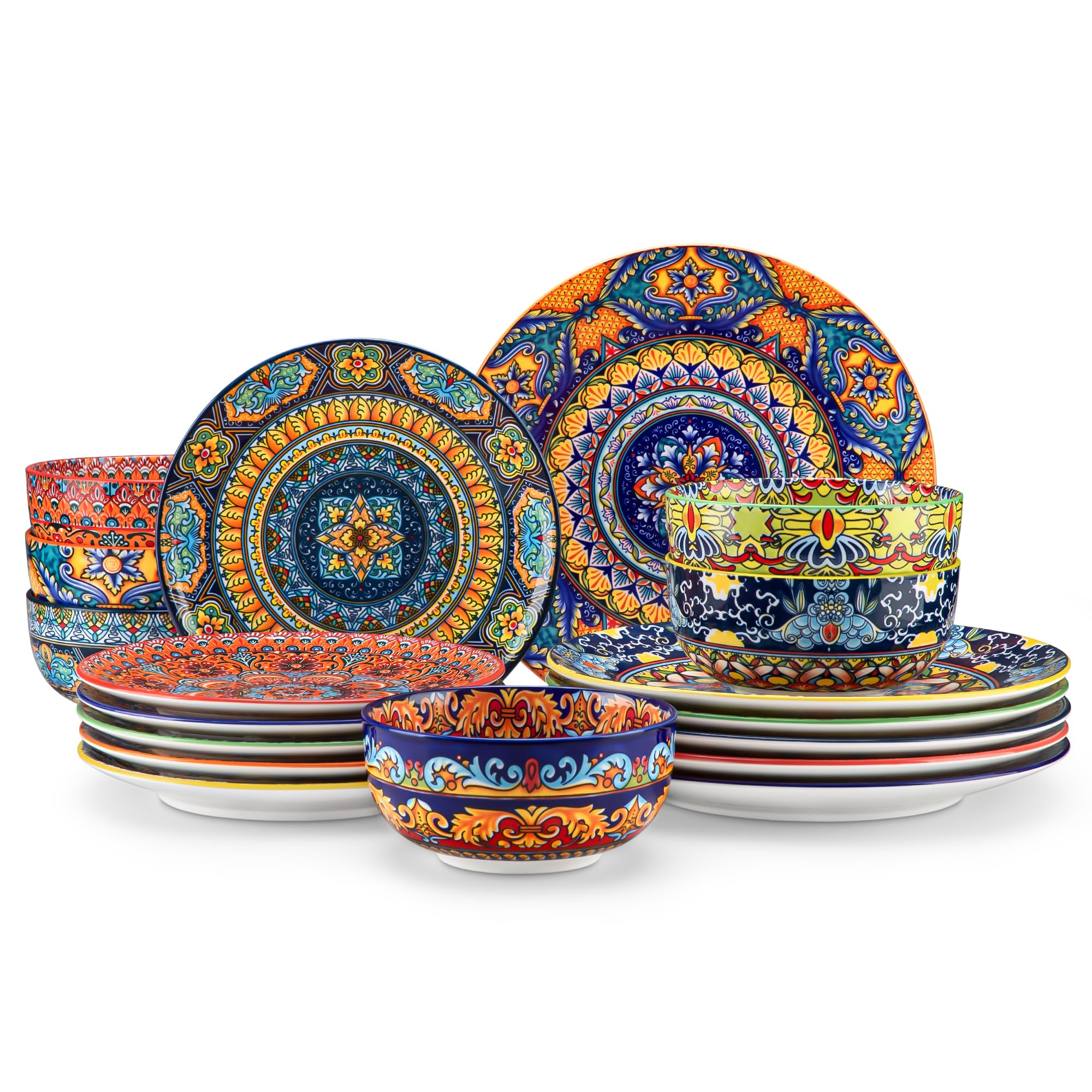 Geschirrset 6 Personen Keramik, vancasso KRVI 18tlg Modernes Porzellan Geschirr Set, Tafelservice im Böhmischer Stil, Tellerset und Schalenset, buntes Kombiservice