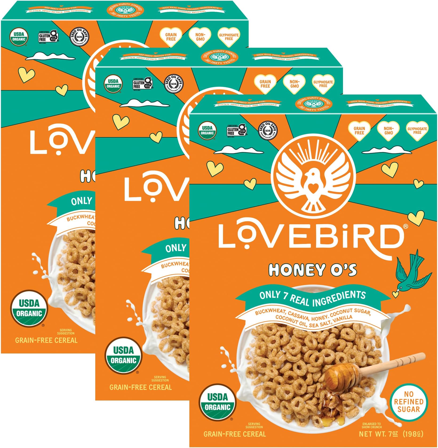 Lovebird Gluten Free Cereal Honey 3 Pack - Organic Grain Free Cereals Paleo AIP Dairy Free Keto Friendly No Refined Sugar Healthy Snacks for Kids, Adults
