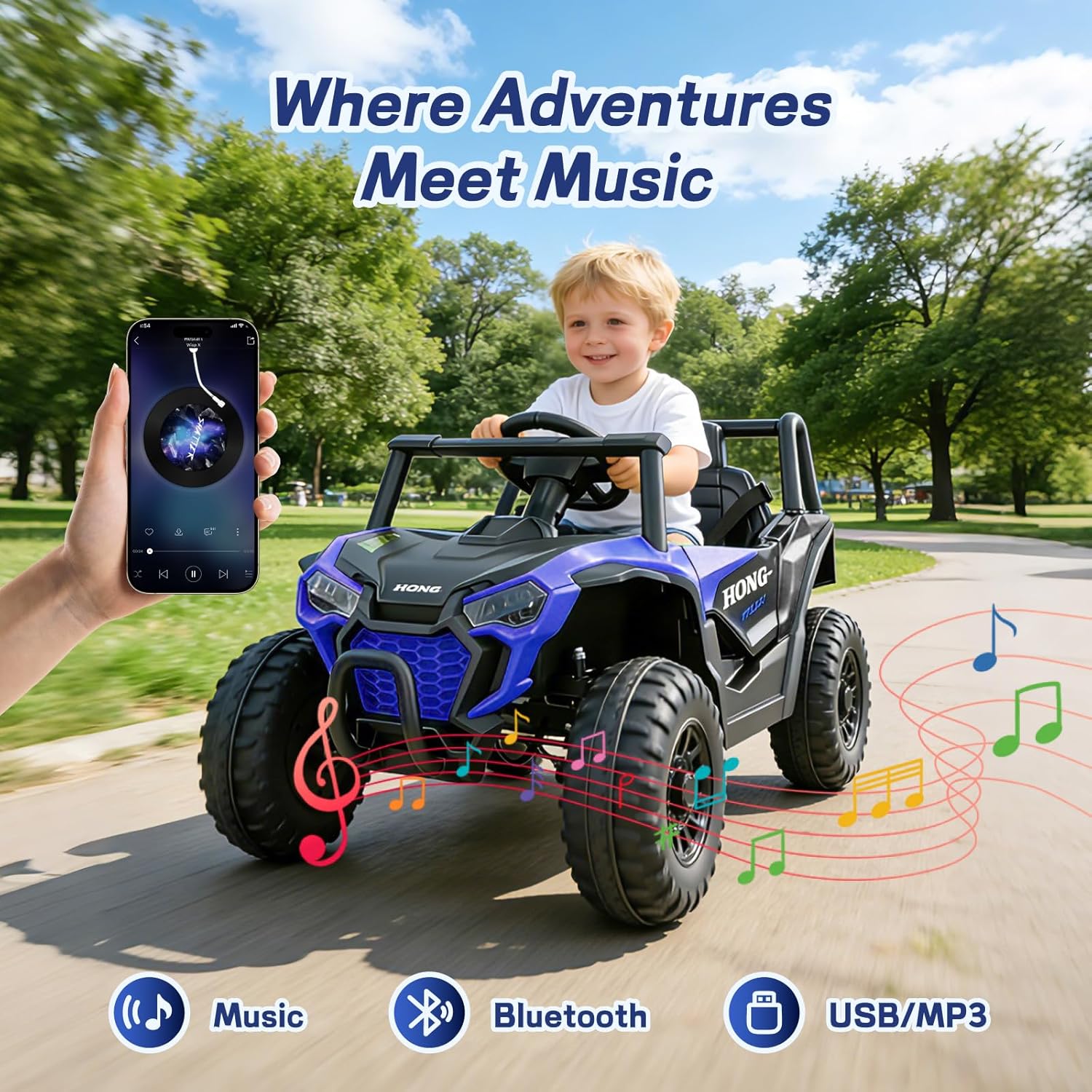 HEIMILI 12V Kids Ride-On UTV Truck, Battery Powered Electric Car with Bluetooth, 4-Wheel Shock Absorption, Safety Belt, Ride On Toy for Boys Girls (Blue)
