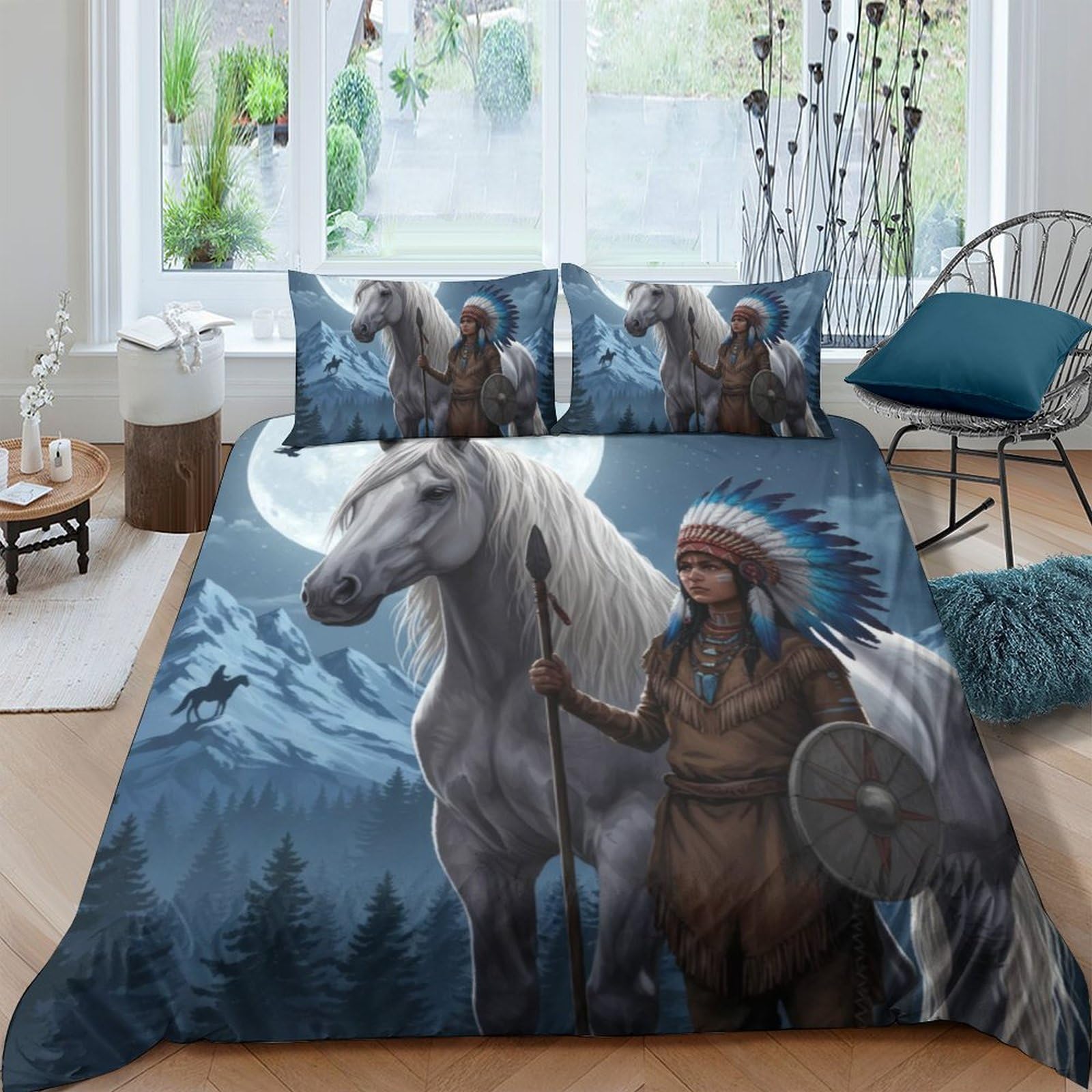 Ctjqhvkz Style-1 3D Printed Native Warrior Fitted Sheet Microfiber Bed Cover Horse Moon Art Decor For Bedroom Guestroom Mattress Single（135X200cm）