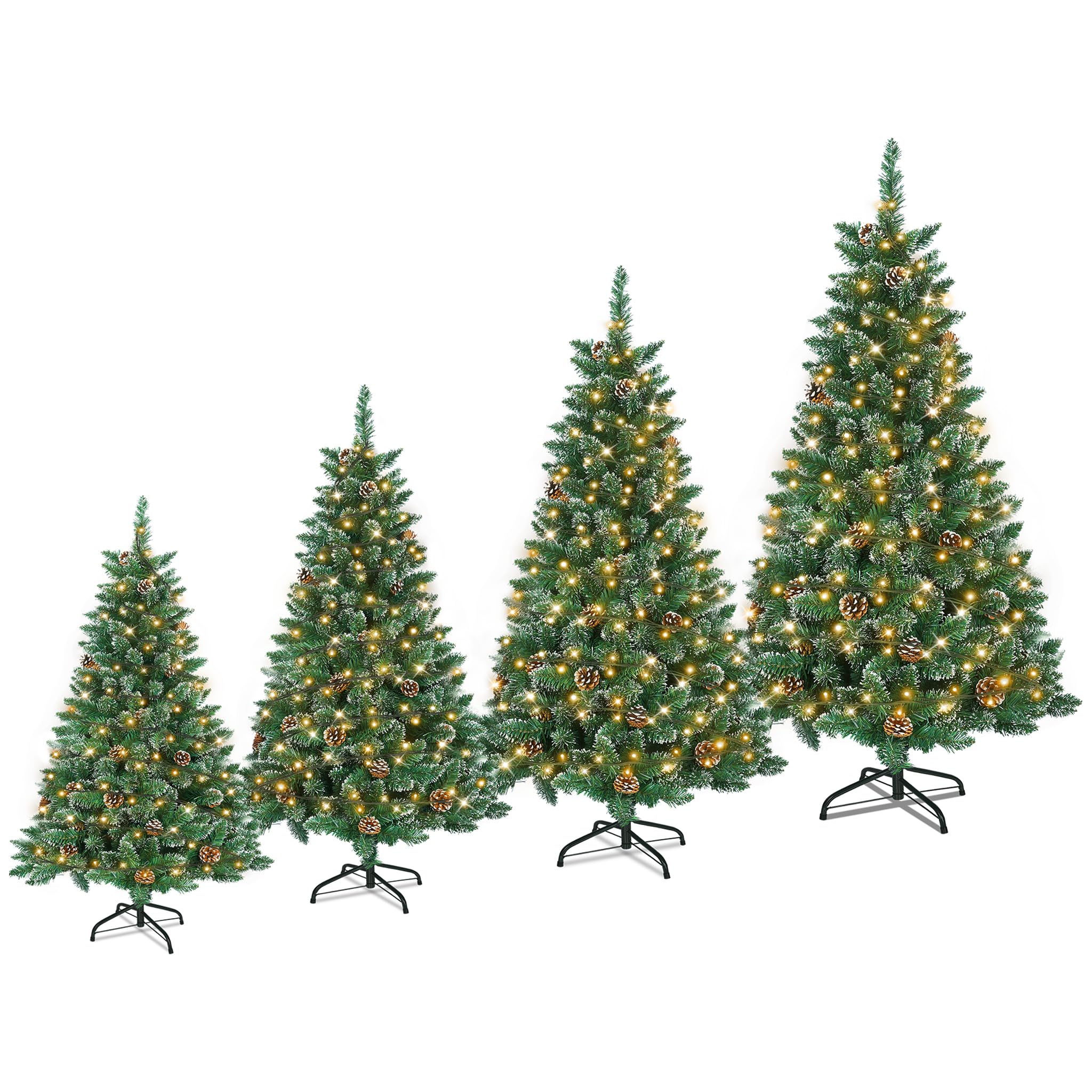 LILIIN 150CM Weihnachtsbaum Künstlich, Tannenbaum mit Beleuchtung, Kunstbaum Weiß&Grün mit Schnee-Effekt+Kiefernzapfen, PVC Christbaum inkl. Ständer(1.5M, Mit Beleuchtung)