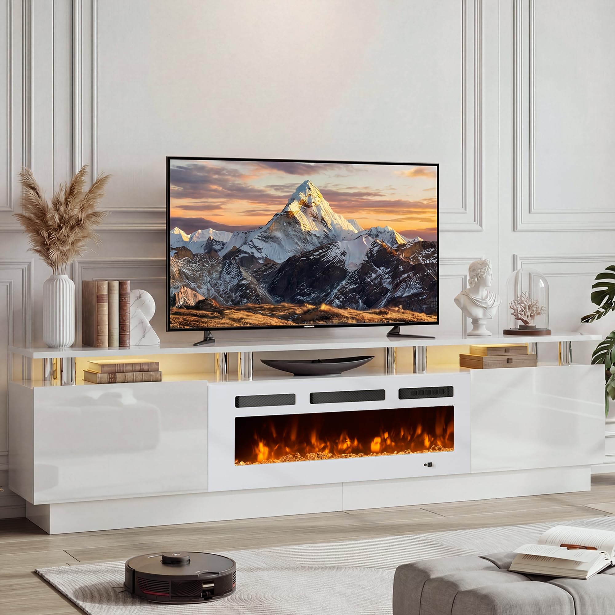 Photo 1 of *partial set box  1/2 , missing the other parts********* OneBlis 80" Fireplace TV Stand for TVs UP to 90", Electric Fireplace Entertainment Center with LED Lights & Storage Cabinets, TV Console for Living Room, Office, White-White