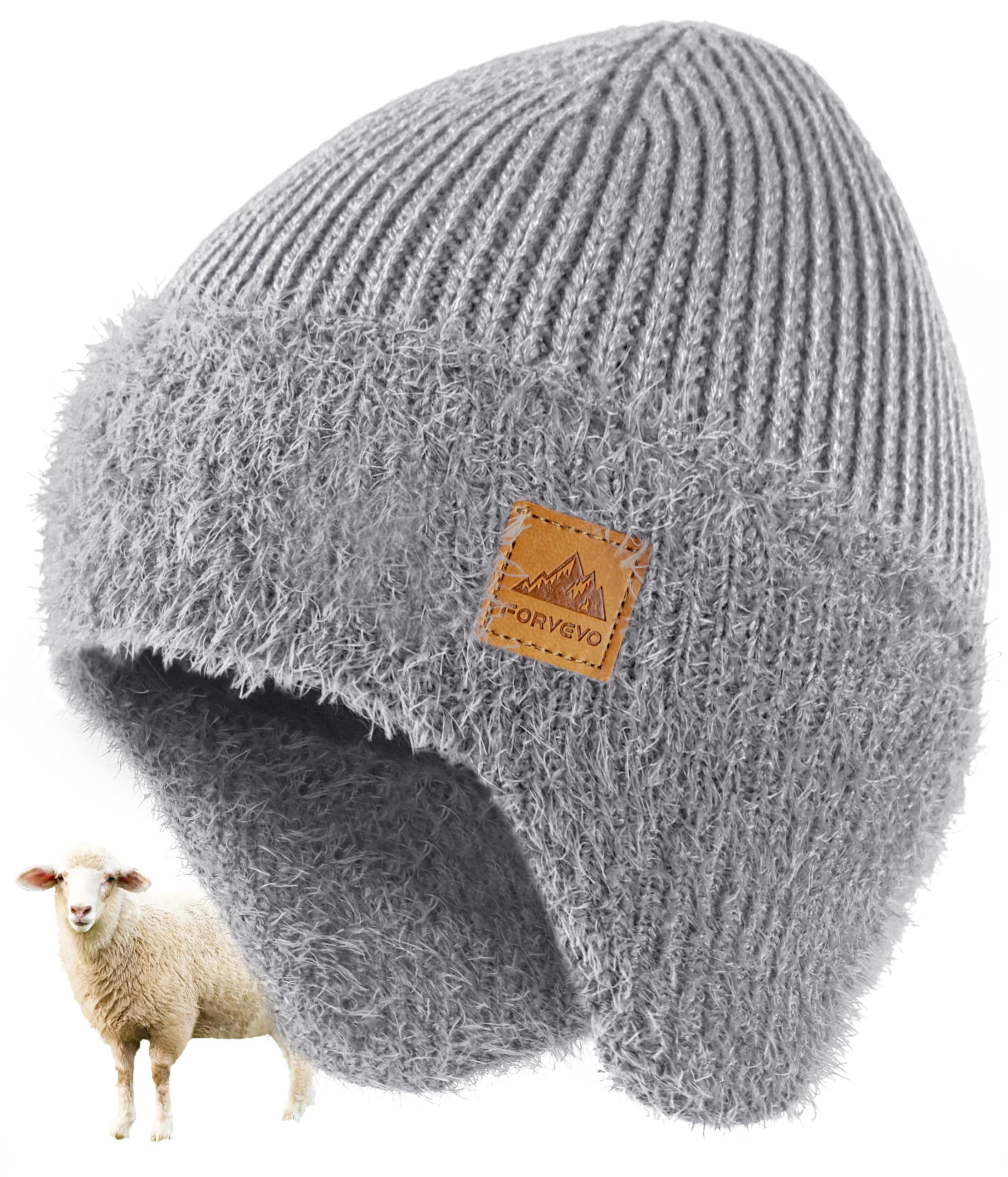 FORVEVO Mens Beanie Hat with Earflaps, Winter Hats with Thick Warm Fleece Lining, Thermal Knit Wooly Beanie Hats for Winter Daily Life Outdoor Running Skiing, Darkgrey