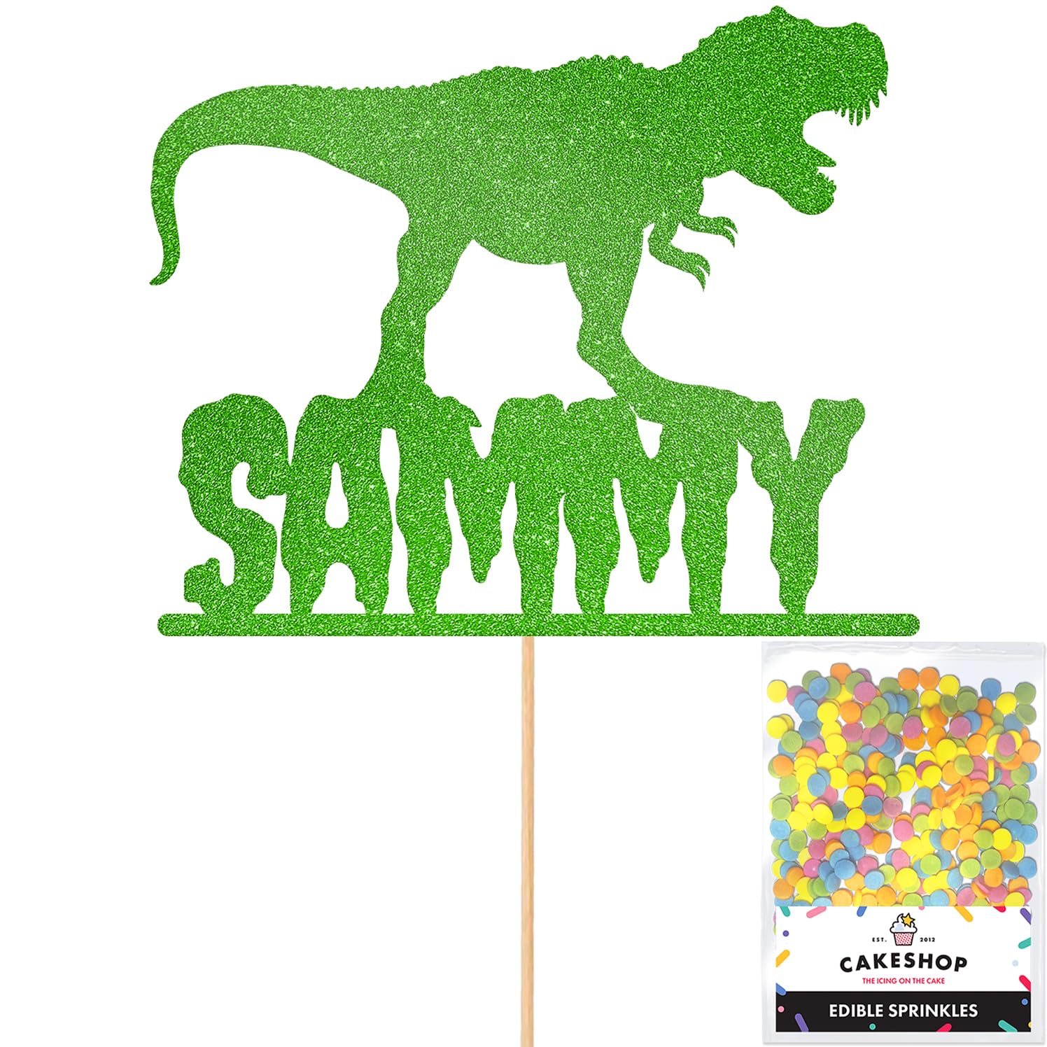 Personalised Birthday Dinosaur Glitter Cake Topper- Green Any Name & Age Glitter Cake Decoration and Sprinkles - Happy Birthday Decorations - Personalised Toppers for Cakes by Cakeshop — image 1