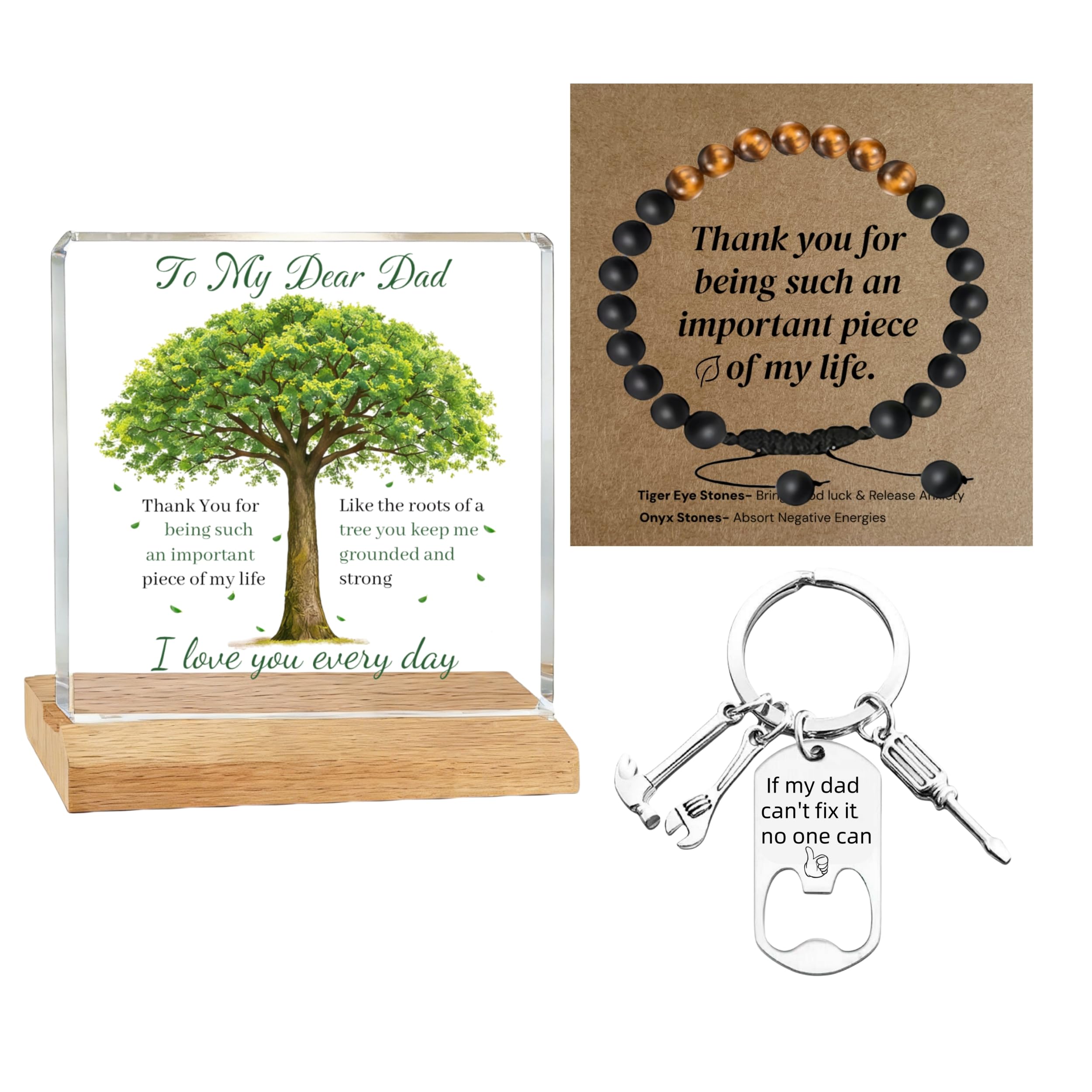 Dad Gifts for Men - 3-in-1 Healing Gift Set, Tiger Eye & Onyx Stone Wristband, Acrylic Tree Desk Plaque & Multi-Tool Keychain - Best Father Birthday & Fathers Day Presents from Son Kids (Dad)