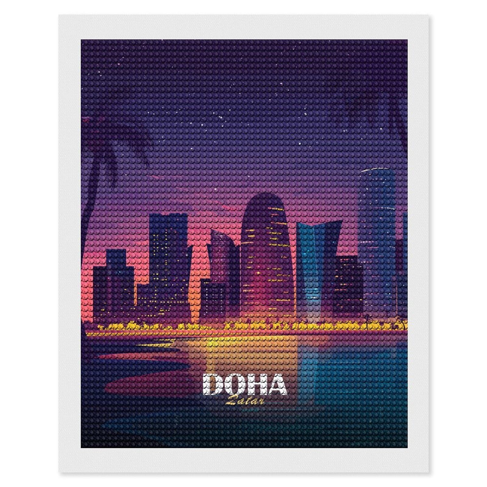 Junmoney Doha Qatar Skyline at Night Diamond Painting Set 16"x20", Neat Printed Canvas, with Tool Kit, Bedroom Decor, Gift Idea, Complete Accessories