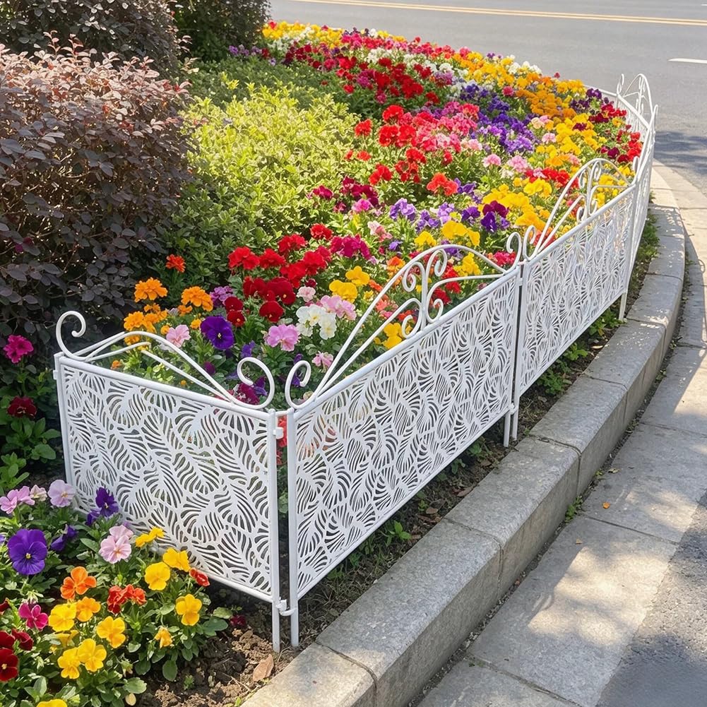 TT-YEC Decorative 6-Piece Wrought Iron Garden Fence, Rustic-Style Animal Enclosure, Landscape Path Edging Board, Flower Bed Boundary Fencing Board, No Digging Required,White