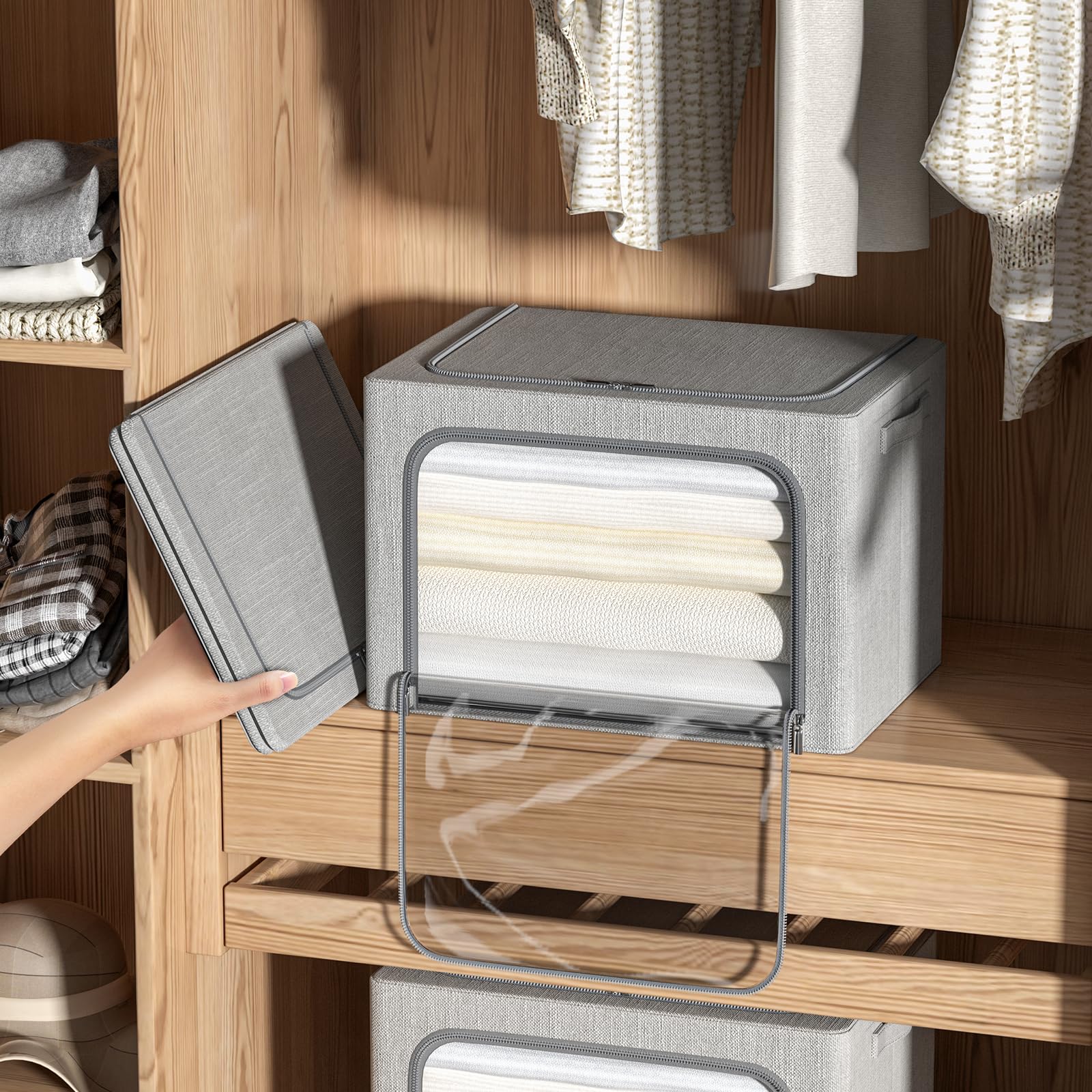 Kleideraufbewahrungsbehälter mit Metallrahmen, Leinenstoff, faltbar, stapelbar, Organizer-Set mit transparentem Fenster, Tragegriffen und Reißverschlüssen, Hellgrau, 59,9 x 41,9 x 39,9 cm, 4 Stück