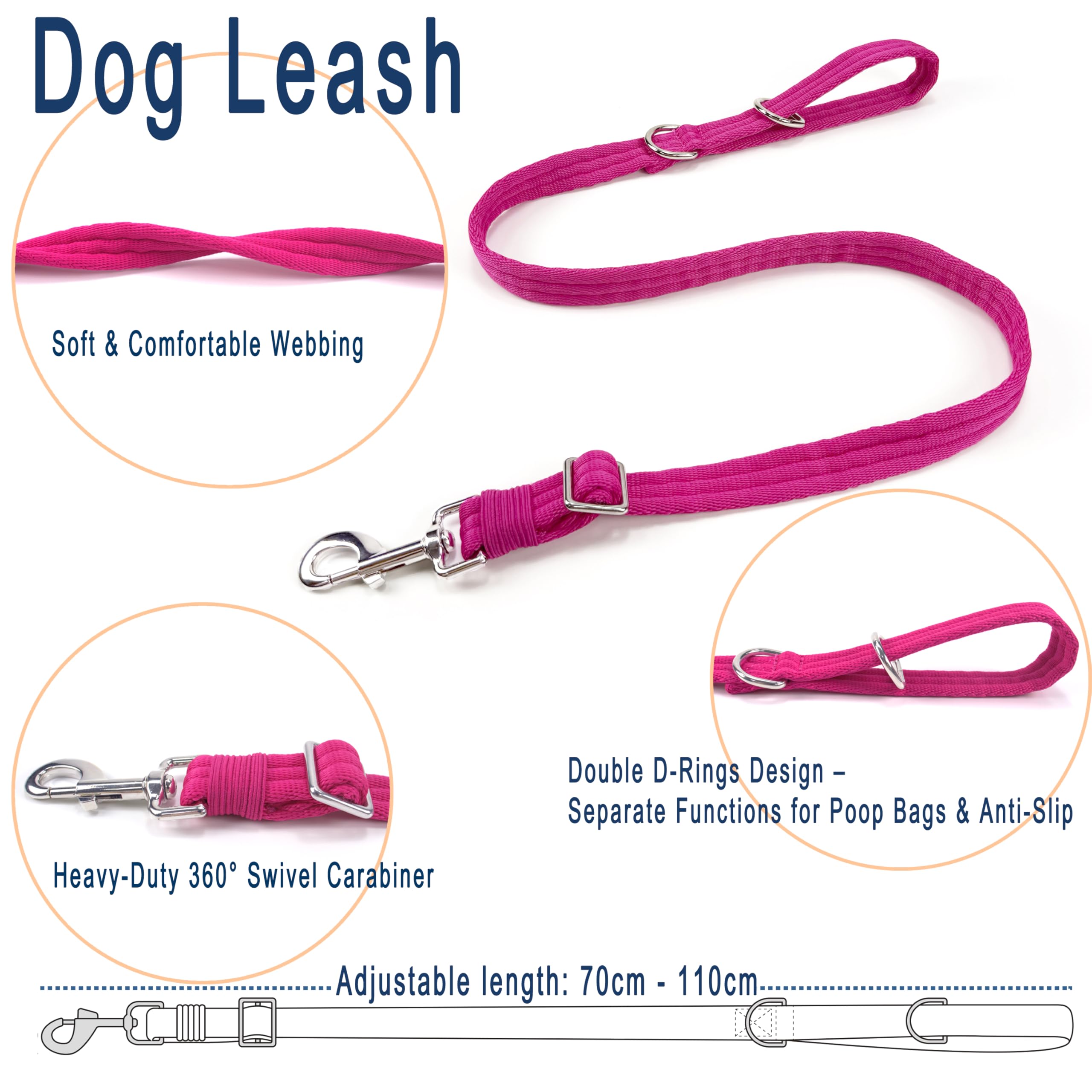 Dog Leash for Obedience Training and Easy to Use, Lightweight, Soft & Durable Adjustable and Easy to Clean for Small Medium Large Dog (Fuchsia, 0.7M-1M*2.5CM) - 2