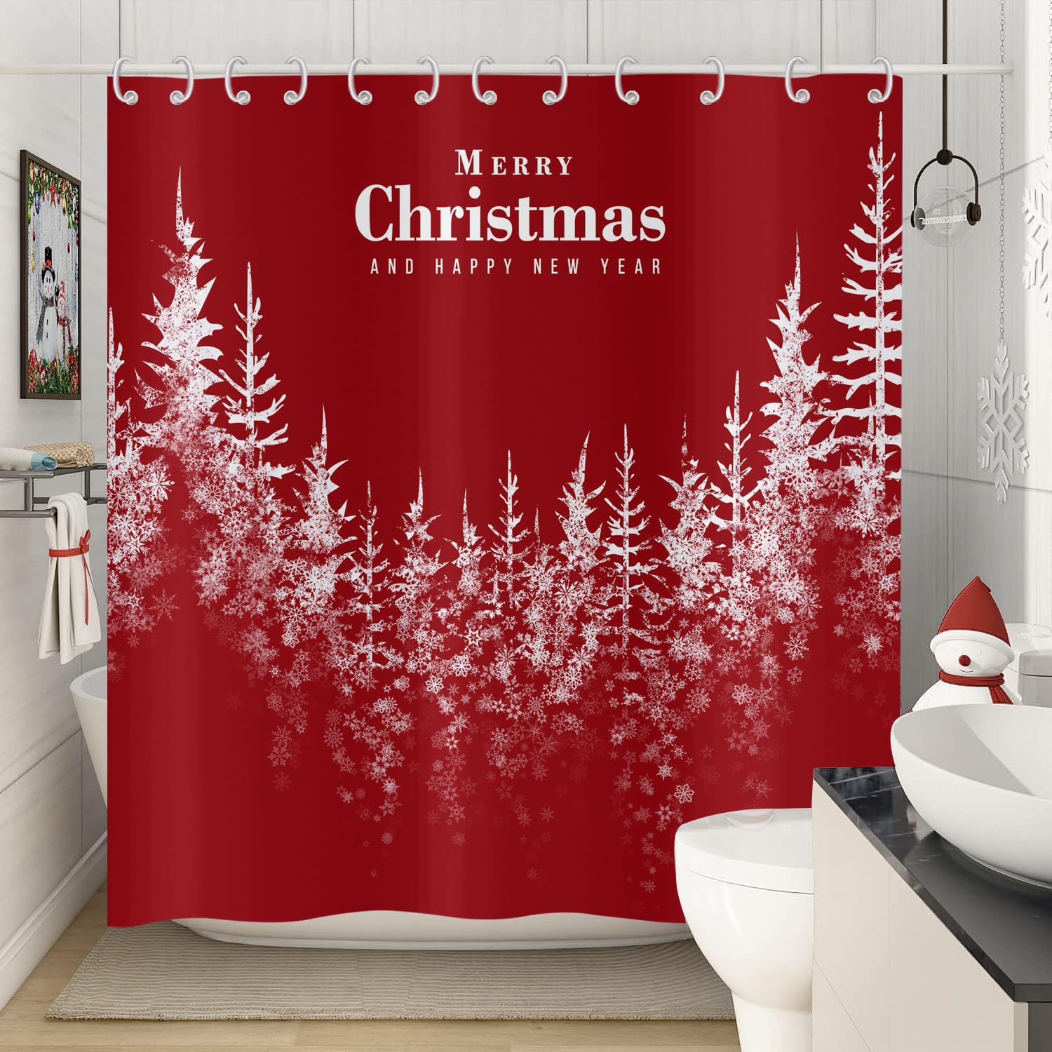 Tenda Doccia Natalizia LB 180x200cm - Tema Pigna E Palla Rosa, Invernale, Impermeabile E Antimuffa, Con Ganci - 2