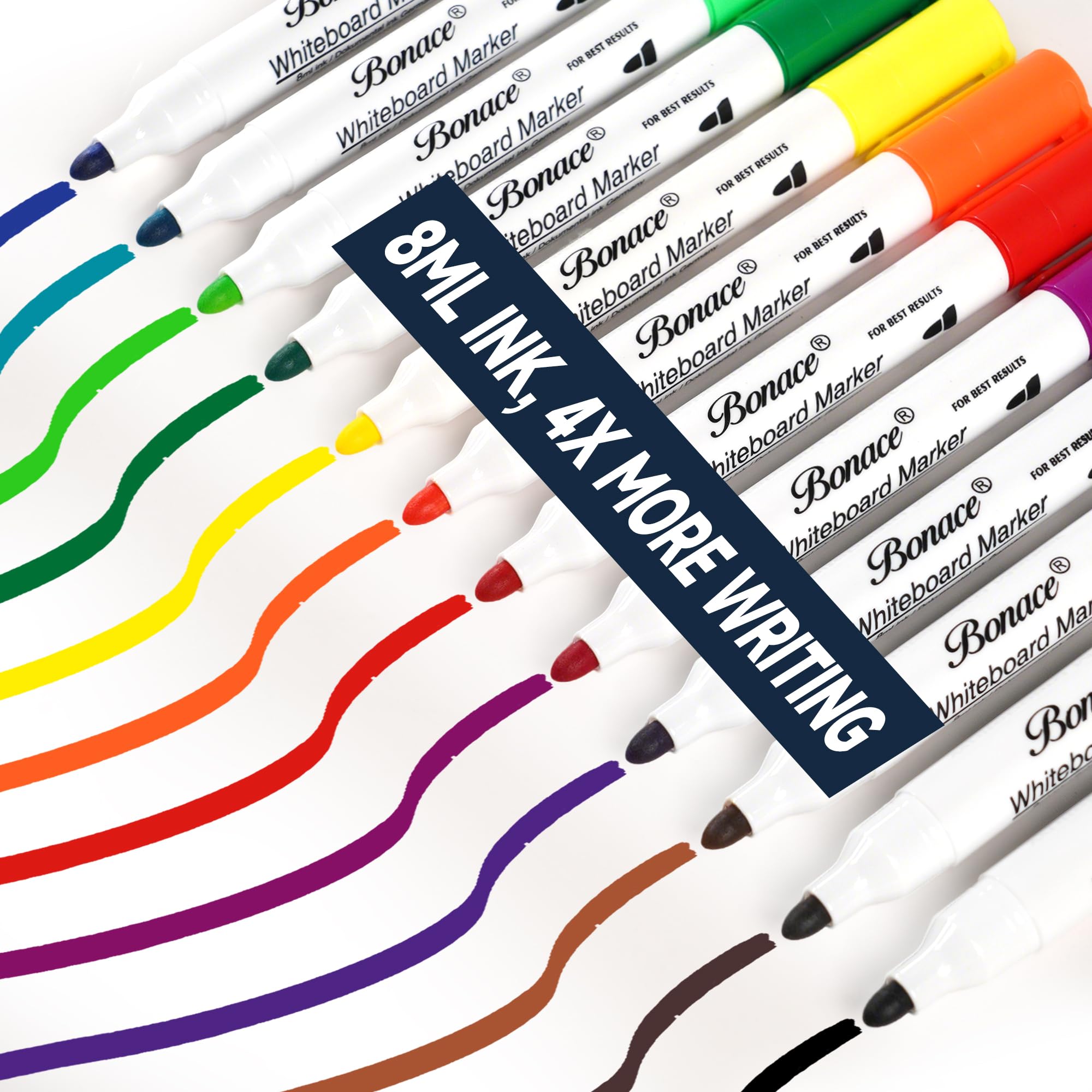 BONACE Large Whiteboard Markes 4X More Ink - 8ml Ink, Low Odor, Bullet Tip
