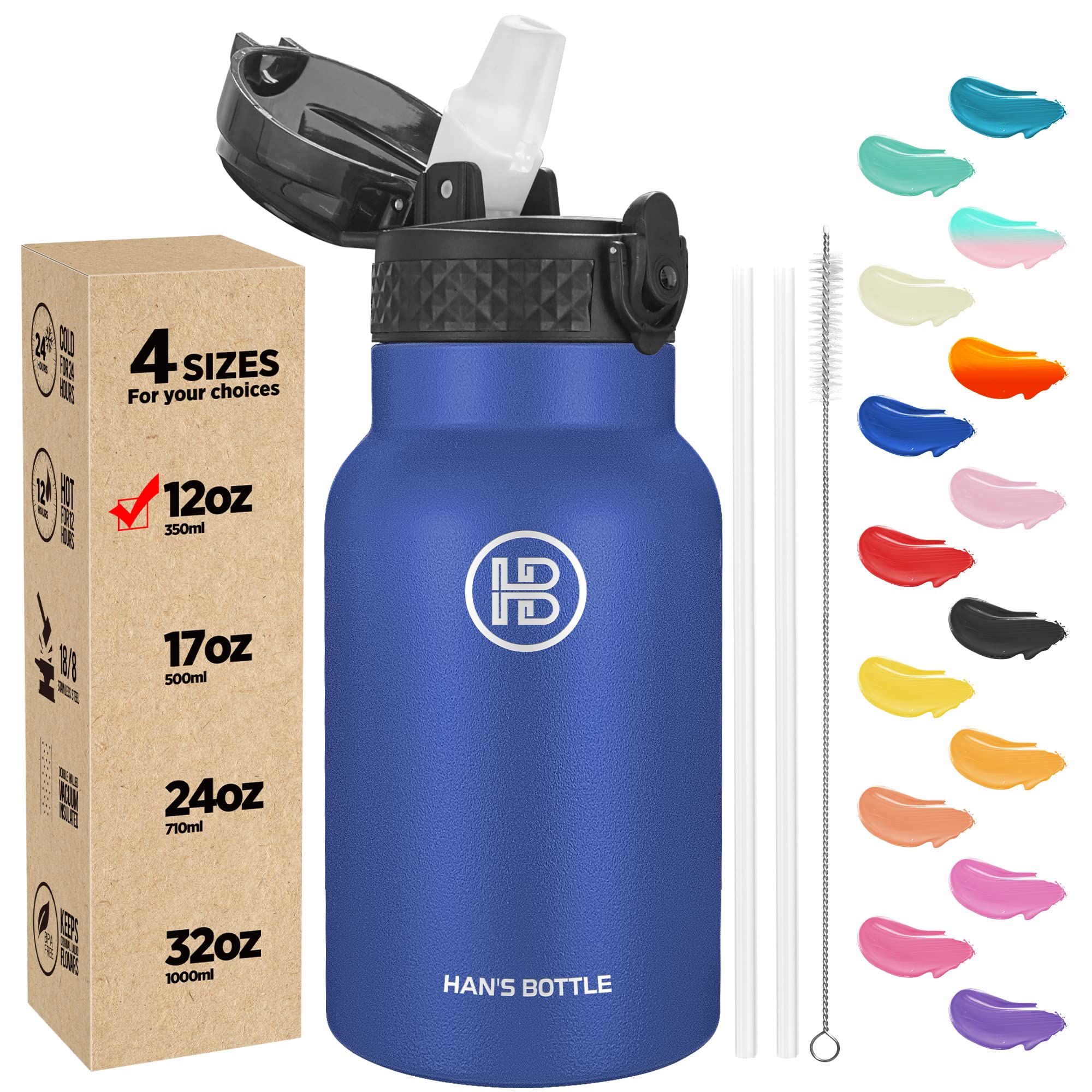 Han's Bottle Kids Water Bottle with Straw Lid - Insulated Stainless Steel Reusable Tumbler for Girls,Boys,Thermo Mug,12oz,Navy Blue