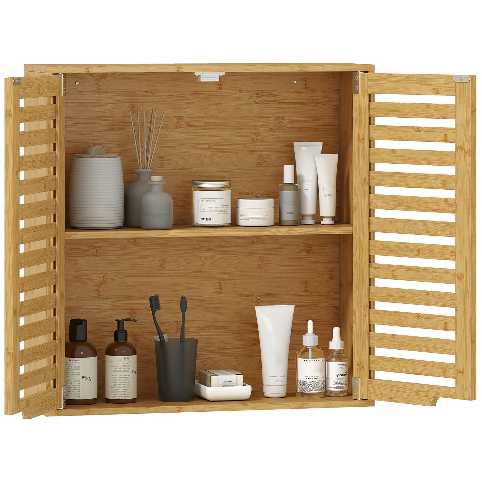 HOMCOM Armoire Murale de Salle de Bain, Meuble de Rangement avec 2 Compartiments et Étagère Réglable, Meuble Haut en Bambou pour Toilette, Cuisine, 60 x 20 x 60 cm, Effet Bois Naturel