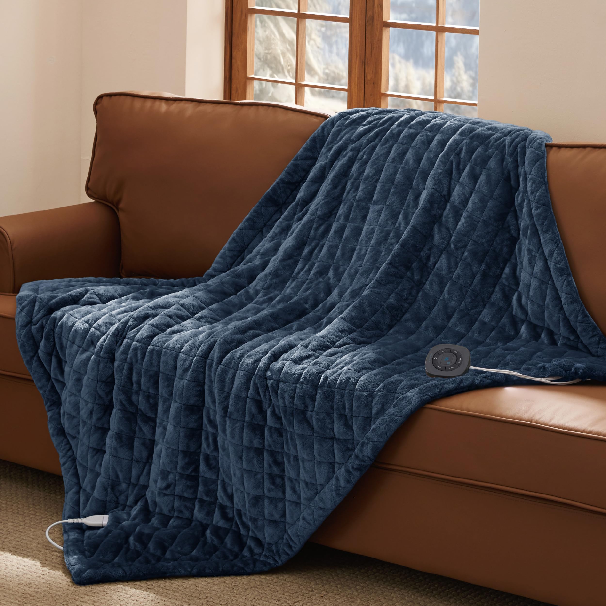 Bedsure Luxury Quilted Heated Throw Blanket, Thick Electric Blanket, Blue