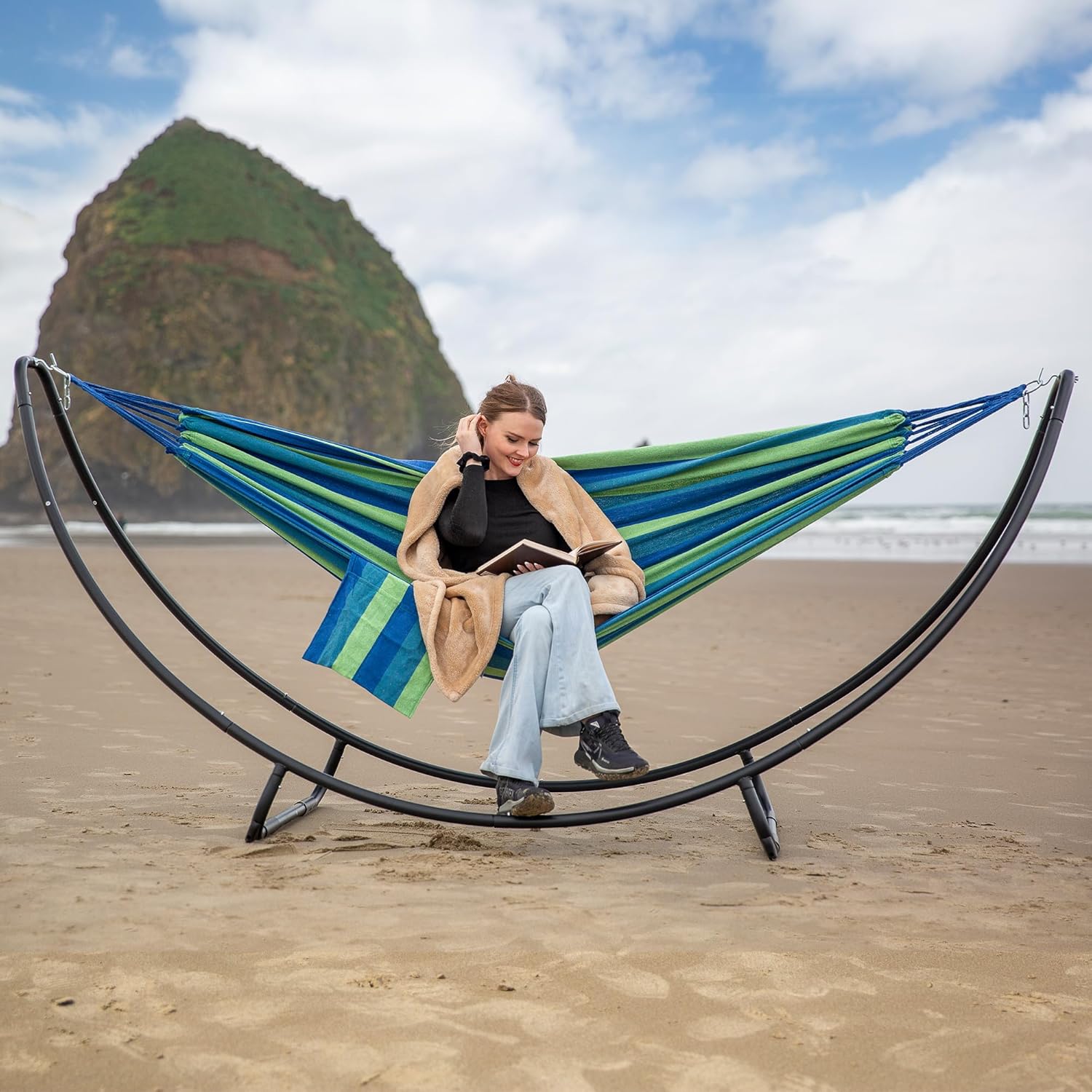 SUNCREAT Hammocks Standing Patio Hammock, Portable Hammock with Stand Foldable, Patent Pending, Blue Green