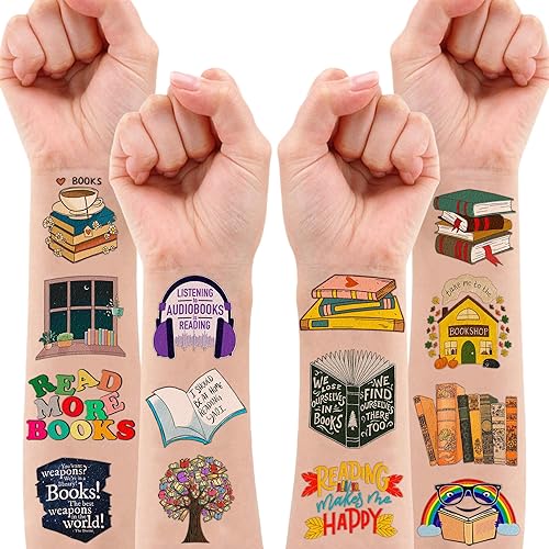 Miniatura 7 de (96 piezas) Divertidos libros de lectura, tatuajes temporales de nerd, suministros de fiesta temática de cumpleaños, decoraciones de regalos, lindas