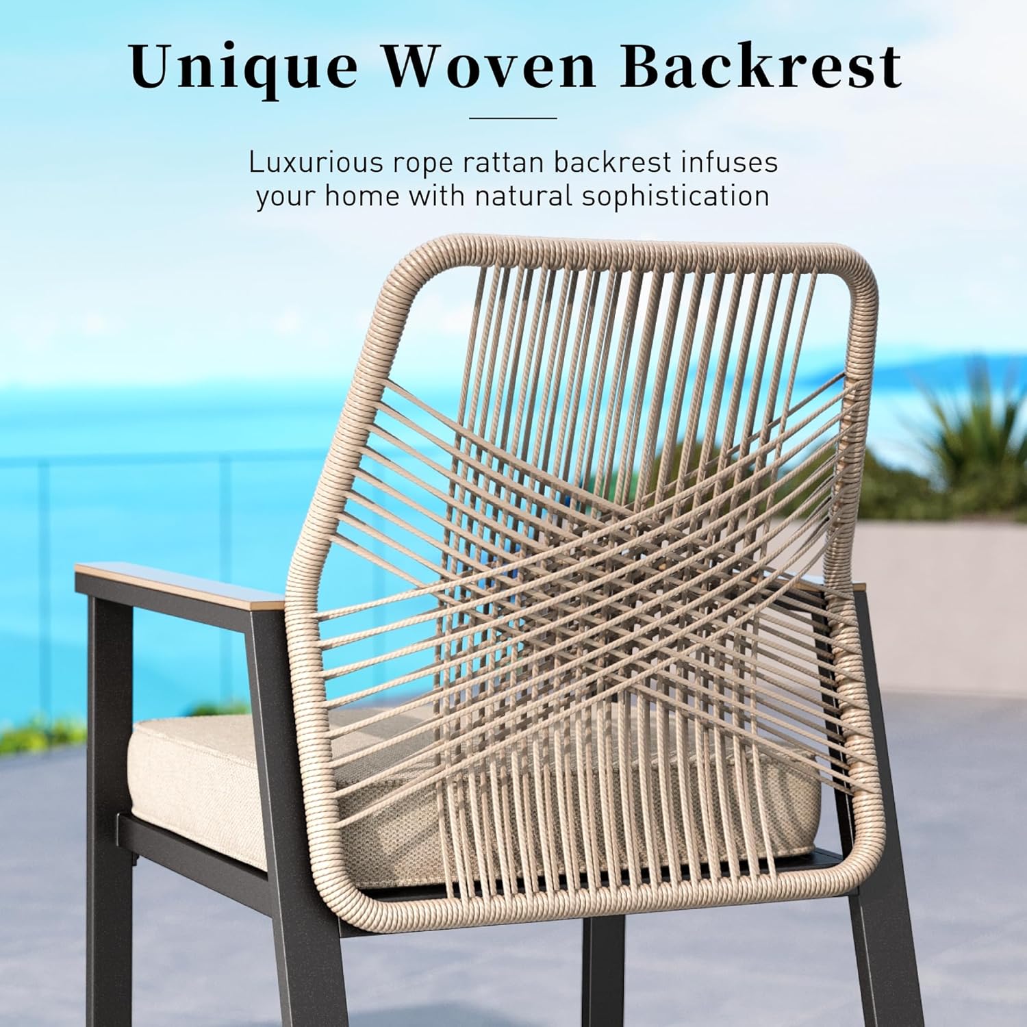 SUNSHINE VALLEY Patio Bar Set 3 Piece, All Weather Rattan Bar Stools with Waterproof Cushion, 40” Height Wood-Like Metal Bar Table, Outdoor High Top Table and Chairs for Backyard Lawn Porch