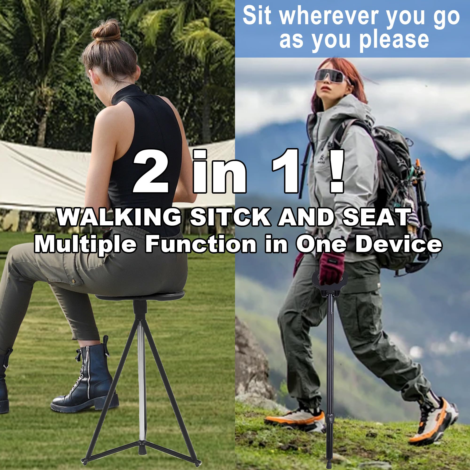 Silla de caña portátil Plegable, bastón Ligero con Asiento, bastón de Asiento trípode Resistente para Hombres y Mujeres con Bolsa de Viaje, bastón de Caminar con Asiento para Ancianos, Adultos