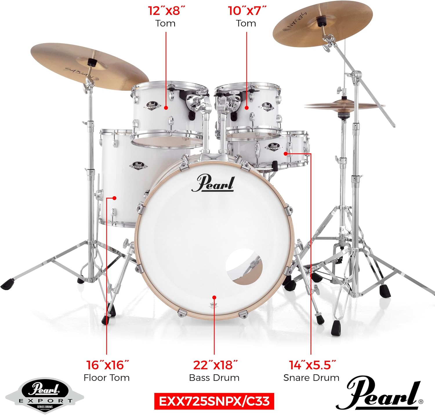 Pearl Export 5 Piece Drum Set Pure White - Hardware And Sabian Cymbals (EXX725SNPX/C33)