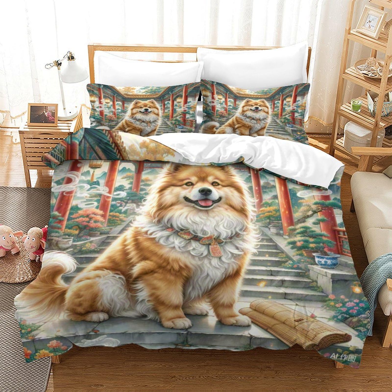 Housse de couette Pékinois imprimée en 3D avec fermeture éclair parure de lit microfibre douce 1 place