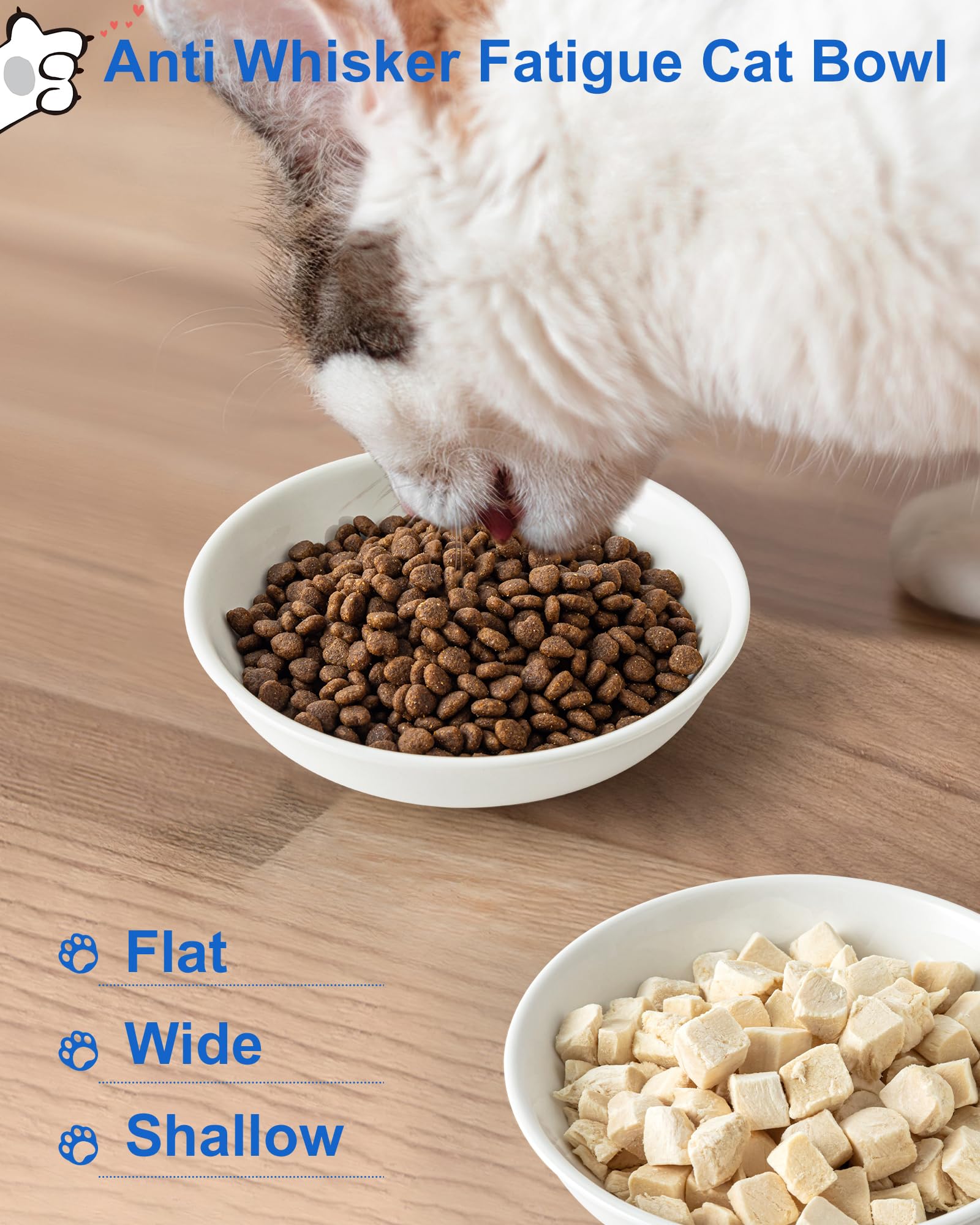 6PCS Ceramic Cat Bowls - 5.5 Inch Shallow Dish For Whisker Fatigue, Cute Heart & Paw Print, Non-Slip, White - View #7