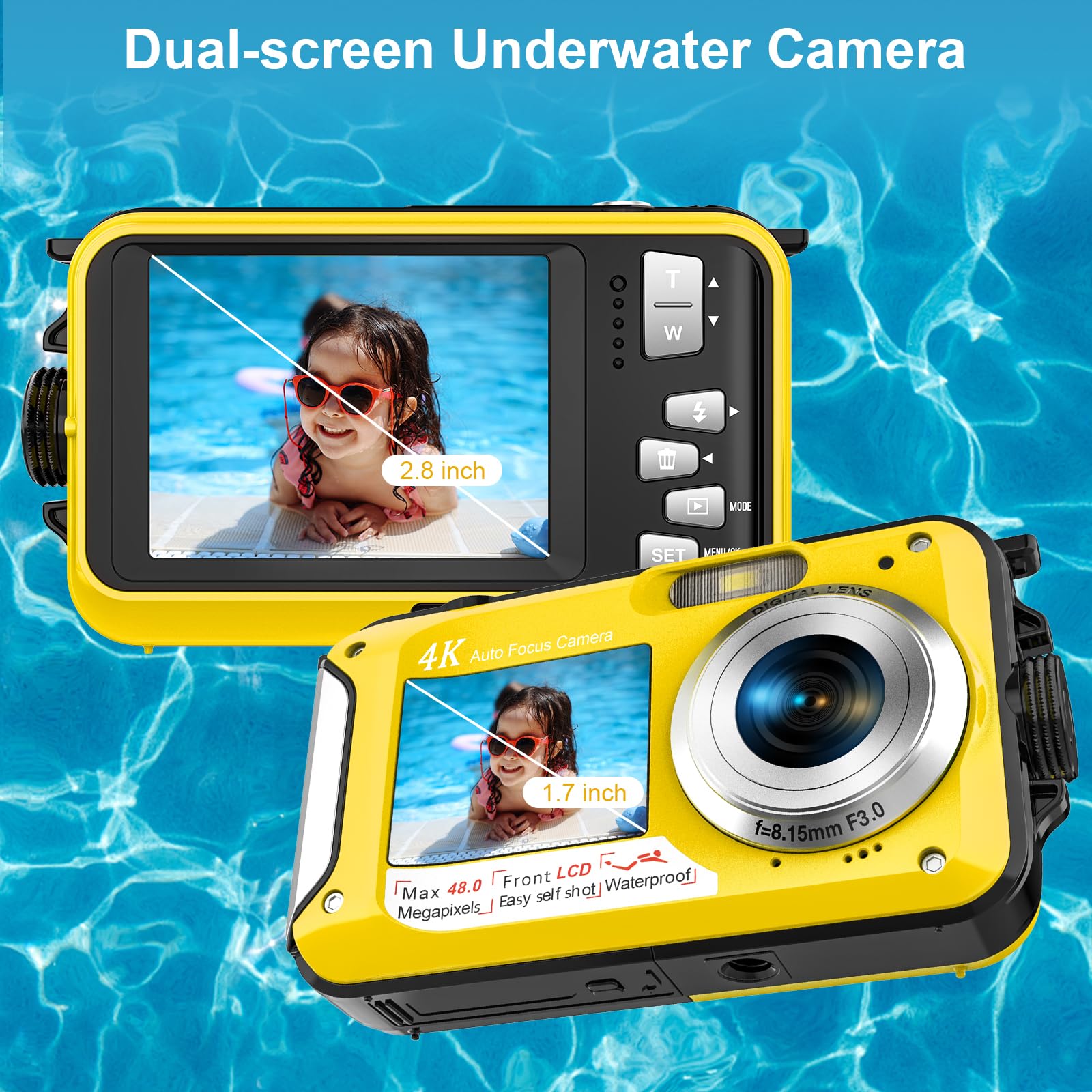 Digitalkamera, YISENCE Unterwasserkamera UHD 4K 56MP Autofocus Digitalkamera wasserdichte mit Einer 32GB Karte Selfie Doppelte Bildschirme wasserdichte Kamera zum Schnorcheln