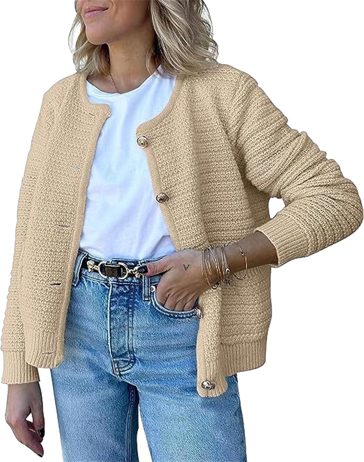 Women's Open Front Cardigan Sweaters Fashion Button Down Cable Knit Coats Winter Chunky Outerwear Coat with Pocket