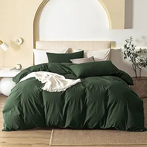 JIYUAN 100% Washed Cotton Duvet Cover Set 3 Pieces Super King, 1 Duvet Cover 108x98 Inches(Comforter Not Included) and 2 Pillowcases,Linen Feel Bedding Set Comfy and Breathable,Forest Green