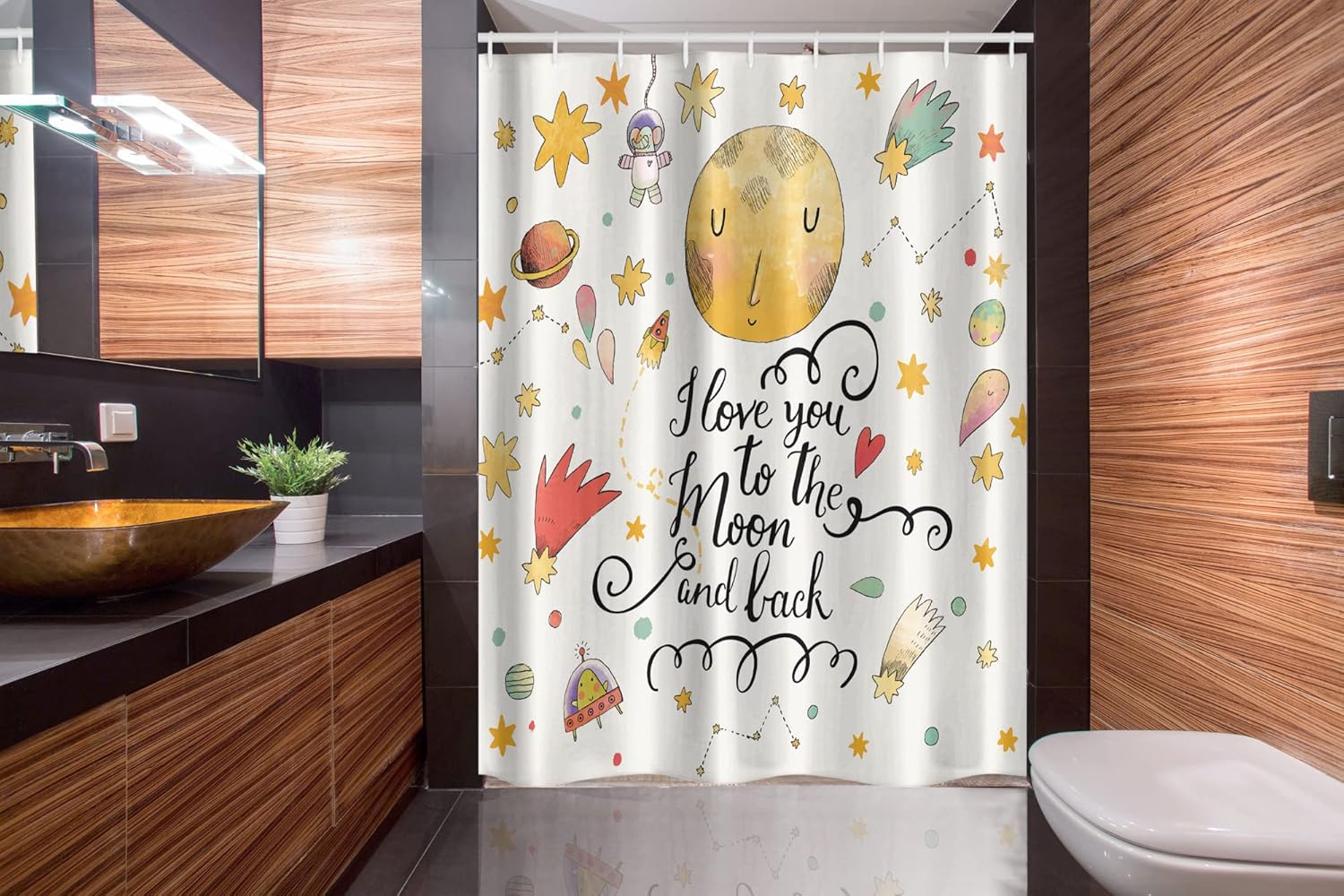 Ambesonne Star Stall Shower Curtain, I Love You to The Moon and Back Romantic Words Cartoon Planets Moon Astronauts, Fabric Bathroom Decor Set with Hooks, 54" W x 78" L, Mustard and Brown