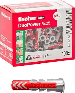 Fischer DUOPOWER 5x25mm Nylon Dowel Anchors, Grey/Red, 100-Pack - Intelligent Expansion for Concrete, Brick, Plasterboard