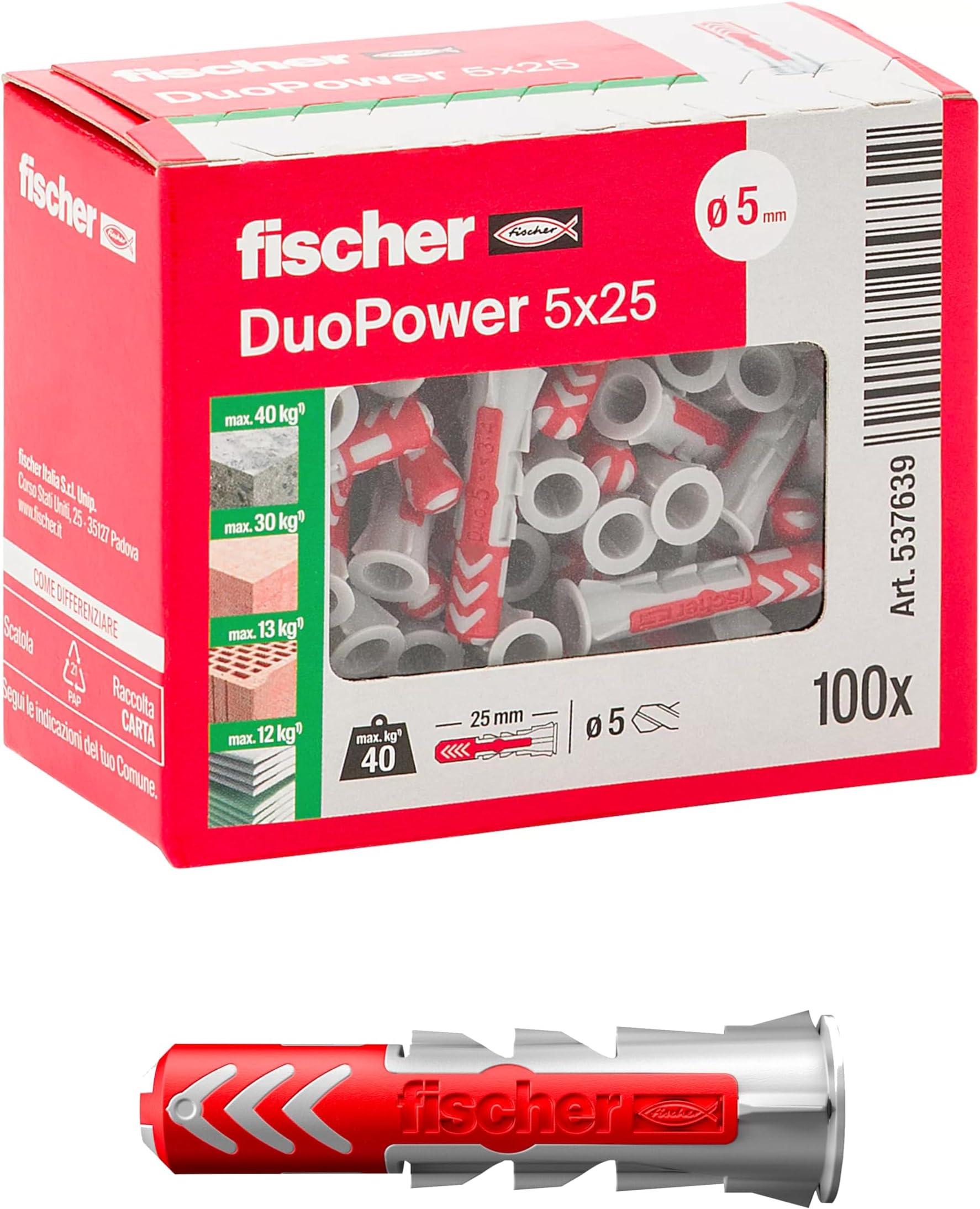 537639 Dowel DUOPOWER, Grey/Red, 5 X 25 mm, Pack of 100