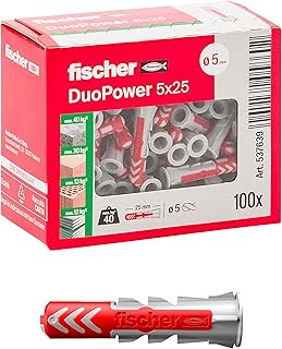 Fischer DuoPower 537639 - Tacos de 5 x 25 mm, para pared completa, ladrillo perforado, cartón yeso, 100 unidades