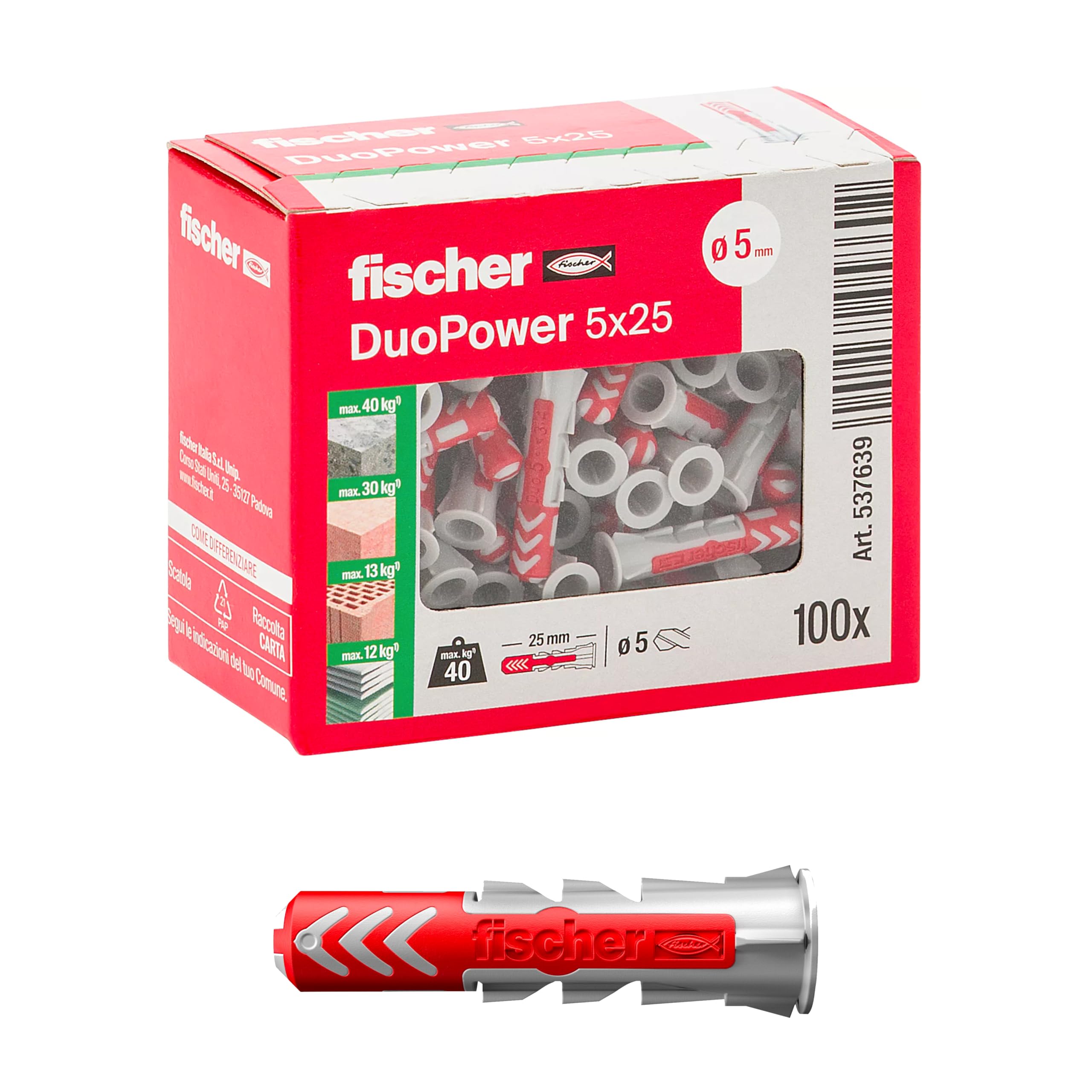 537639 Dowel DUOPOWER, Grey/Red, 5 X 25 mm, Pack of 100