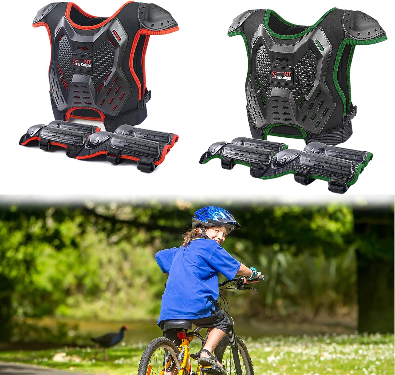 StarknightMT Kids Dirt Bike Gear 2 Sets Red Green, Youth Motorcycle Riding Protective Gear Motocross Armor Suit Chest Protector for Boys Girls Mountain Biking Cycling