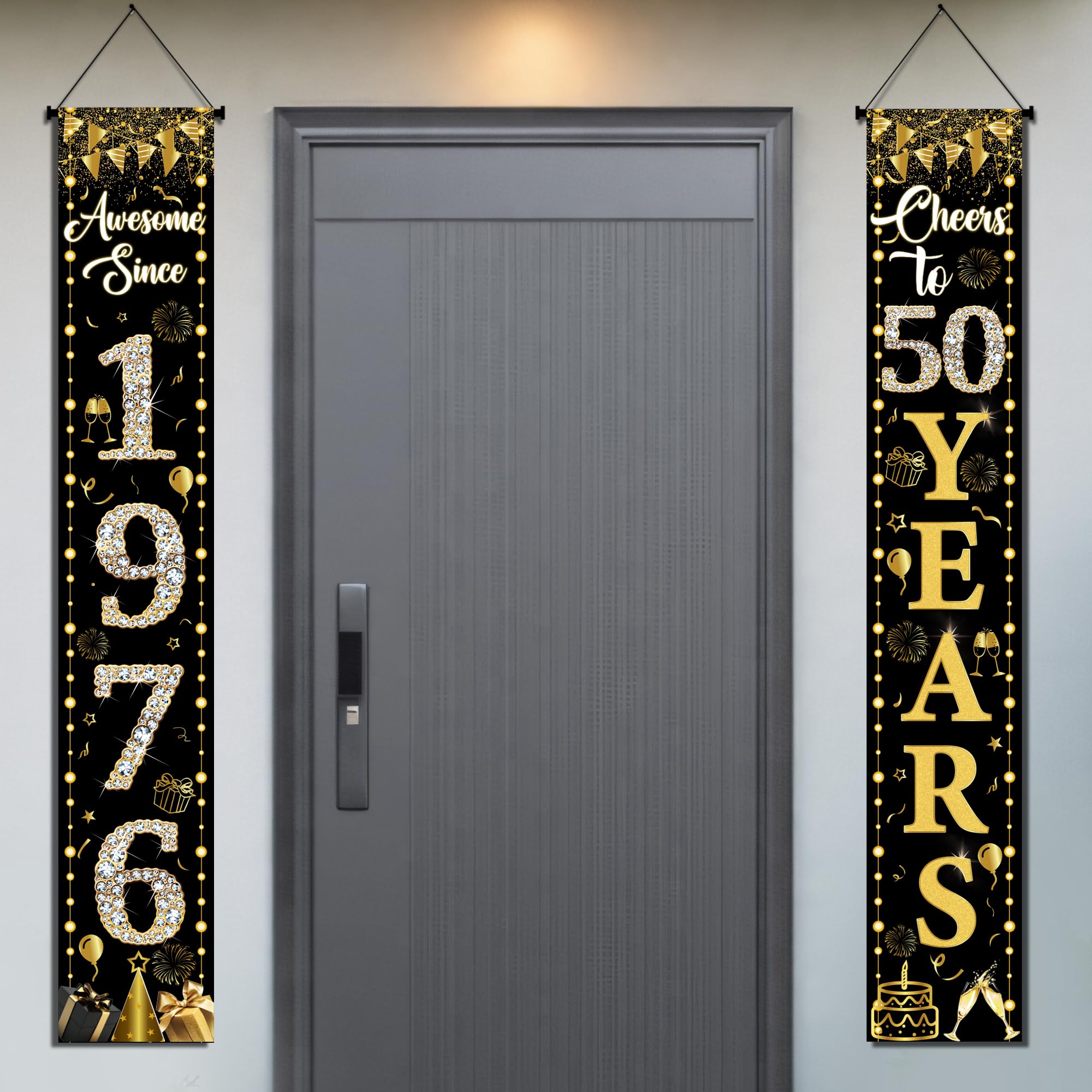 50th Birthday Decorations Door Banners - 2 Pcs Black and Gold Cheers to 50 Years Old Happy Birthday Party Door Awesome Since 1976 Porch Decoration Sign for Men Women Indoor Outdoor Decor Supplies