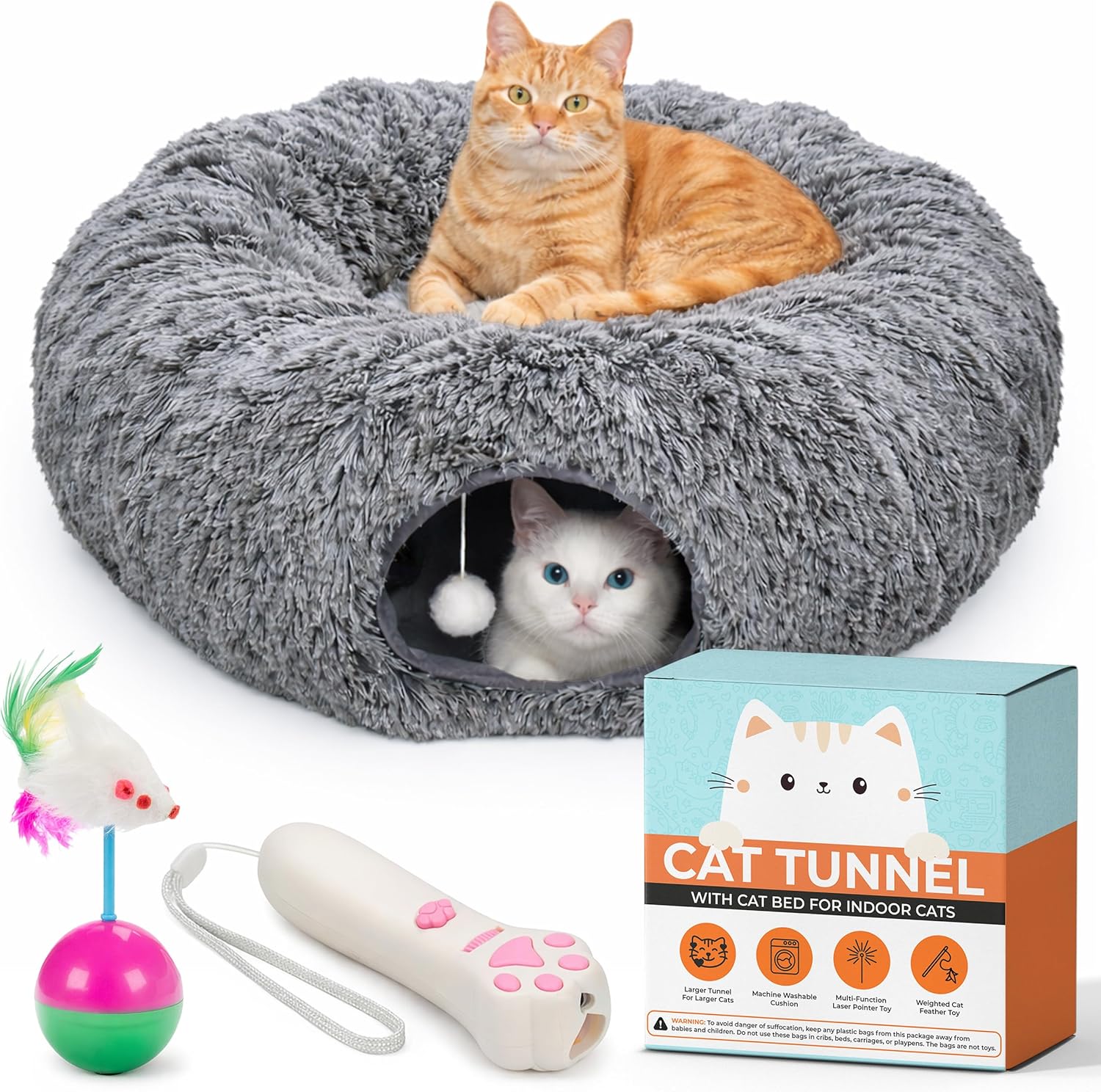 WiskaDen XL Plush Cat Tunnel Bed with Toy and Elderly Feline Access. 3-in-1 Dark Grey Fluffy Donut Cushion. Circle Tube for Indoor Cats Leisure, Hiding Spot, Dog Bed, or Rabbit Cave