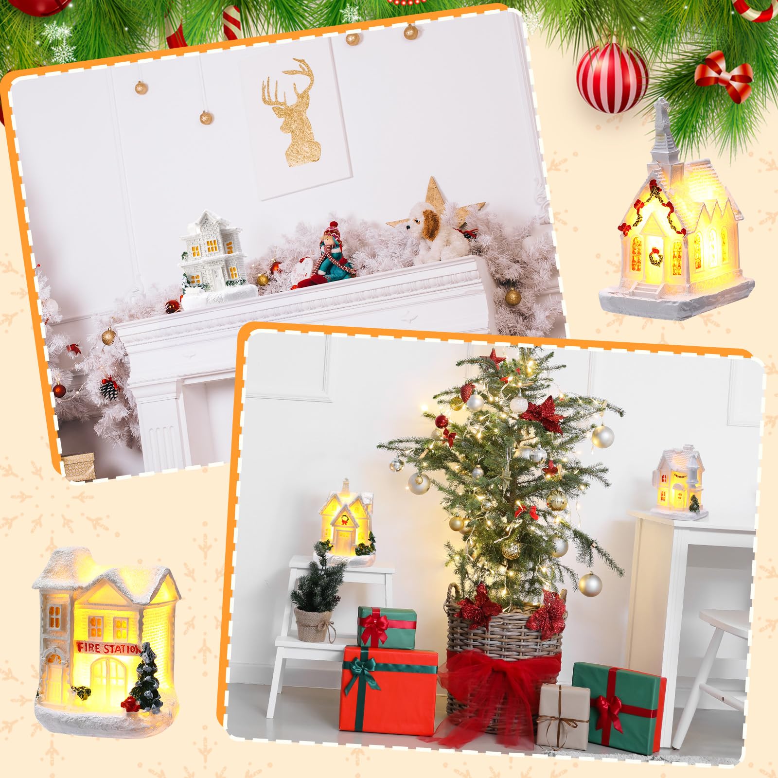 Vinsot Juego de 26 piezas de resina iluminada con 16 luces LED de Navidad, casas de pueblo de Navidad, 10 árboles de Navidad, batería para mesa, hogar, invierno, vacaciones, decoración de mantel