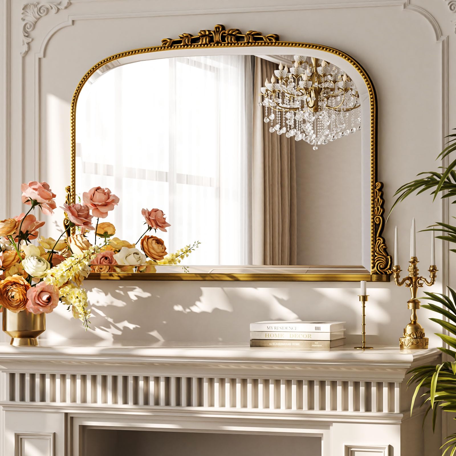 BEAUTYPEAK Miroir mural, arc, 90 x 67 cm, style baroque, ovale, avec cadre doré, incassable, vintage, grand miroir décoratif pour salon, salle de bain, couloir