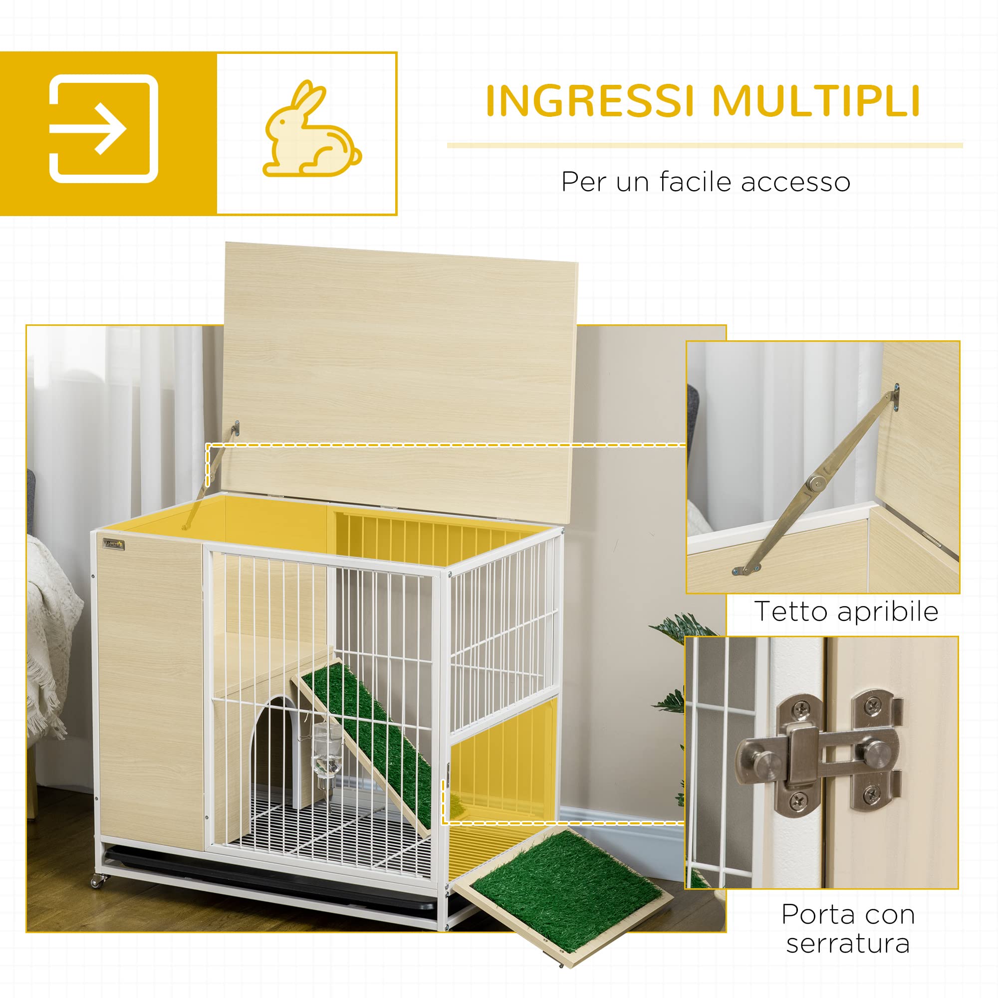PawHut Gabbia per Conigli Serbatoio d'Acqua Color Rovere 78x52.5x76.5 cm | Vassoio Estraibile, Tavolino da Salotto, in Truciolato Acciaio e PVC