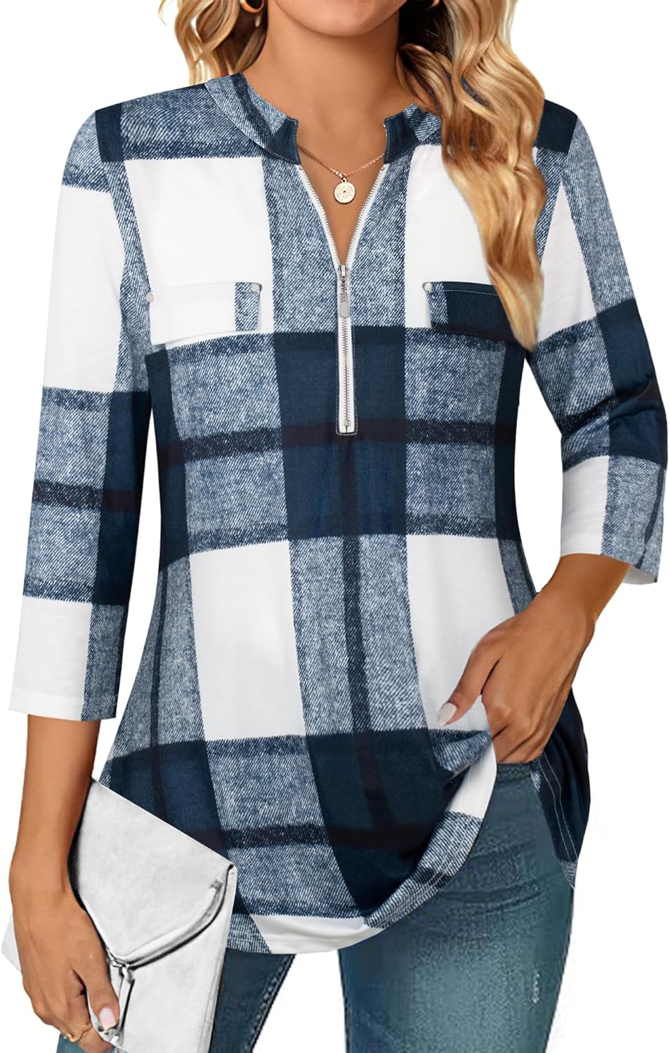 BEPEI Womens Floral 3/4 Sleeve Shirts Zip up V Neck Work Chiffon Blouses Top - Image 4