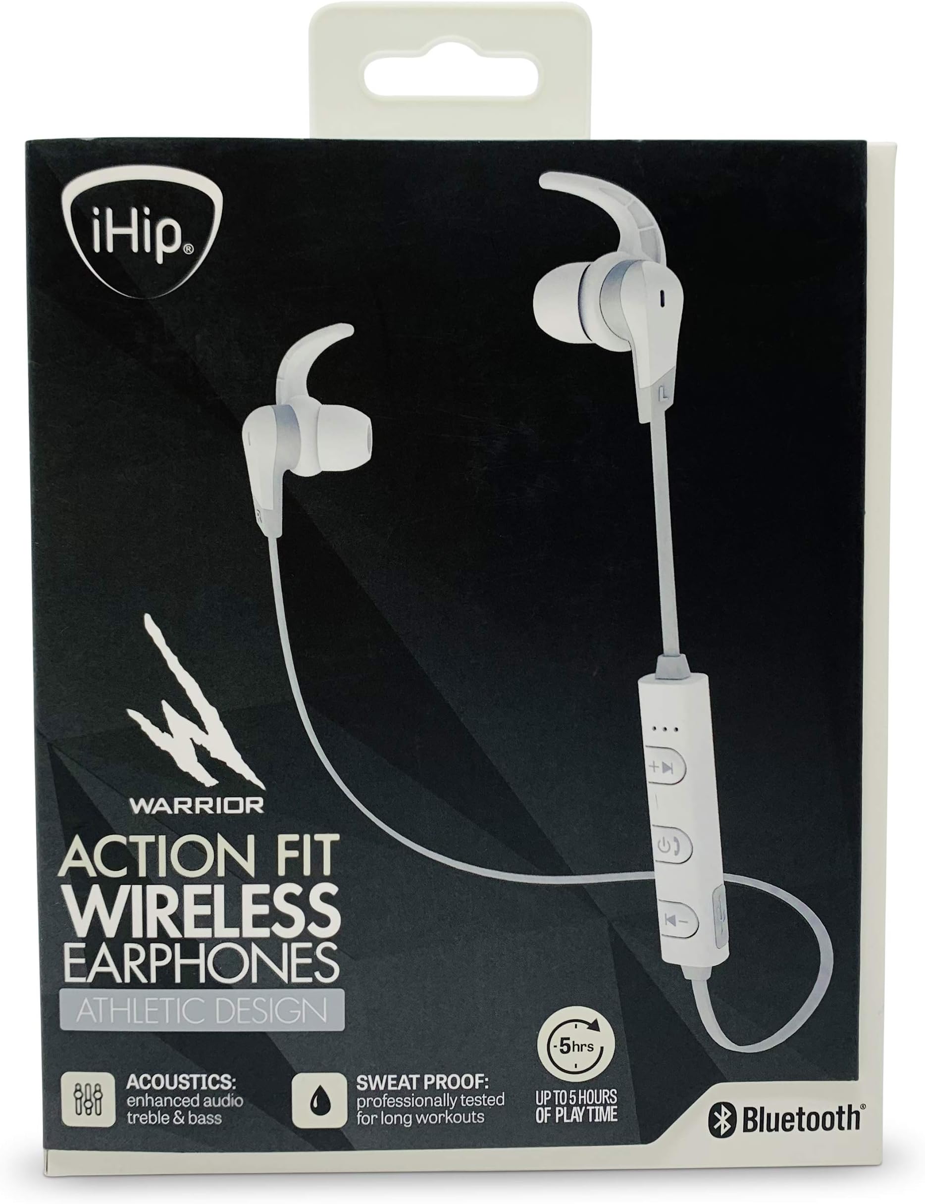 iHip Warrior Action Fit Wireless Bluetooth Stereo Earphones, Athletic Design for Sport, Sweat-proof, 5 Hours Playback, Handsfree (White)