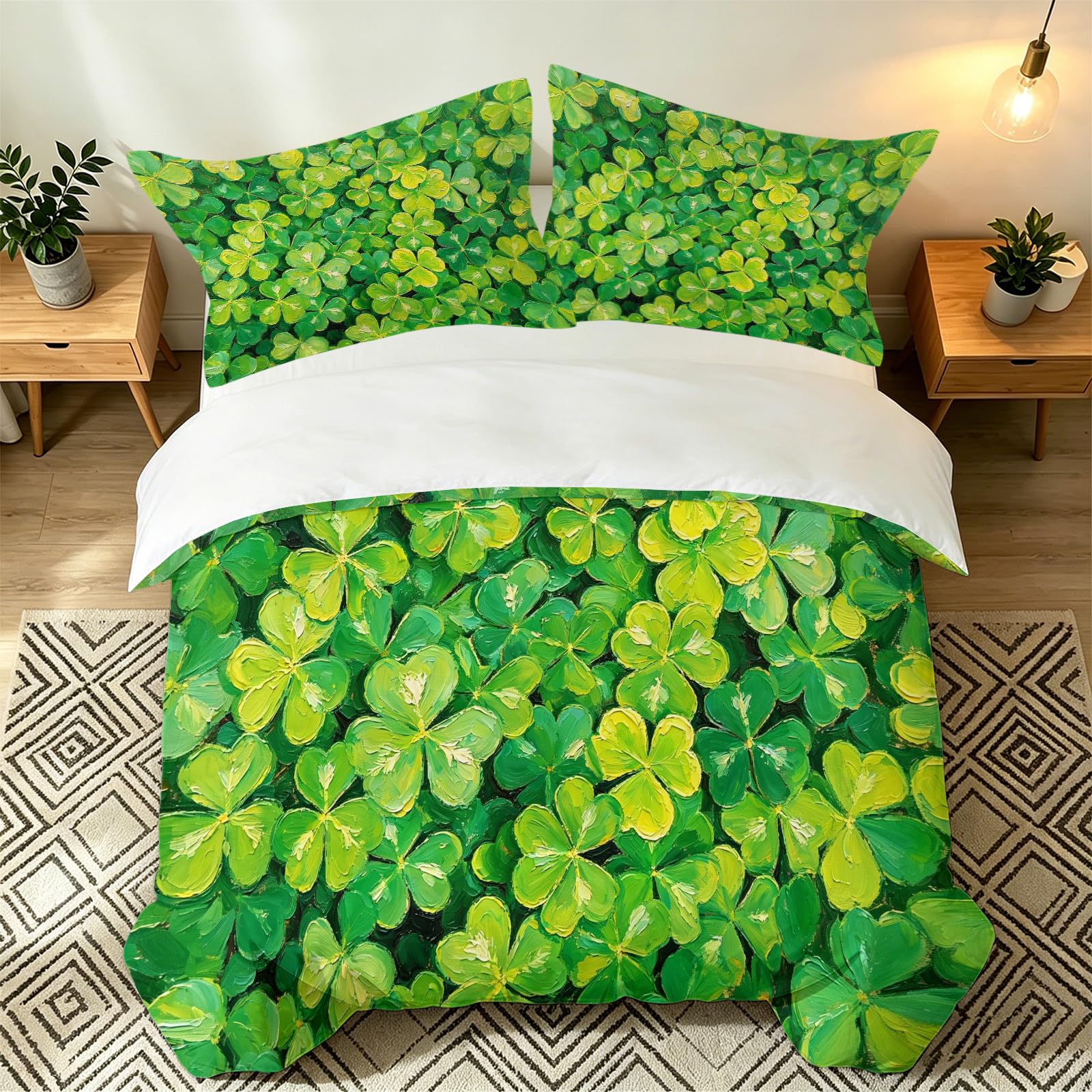 Housse de couette 200x200 trèfle en microfibre douce et parure de lit 2 personnes floral