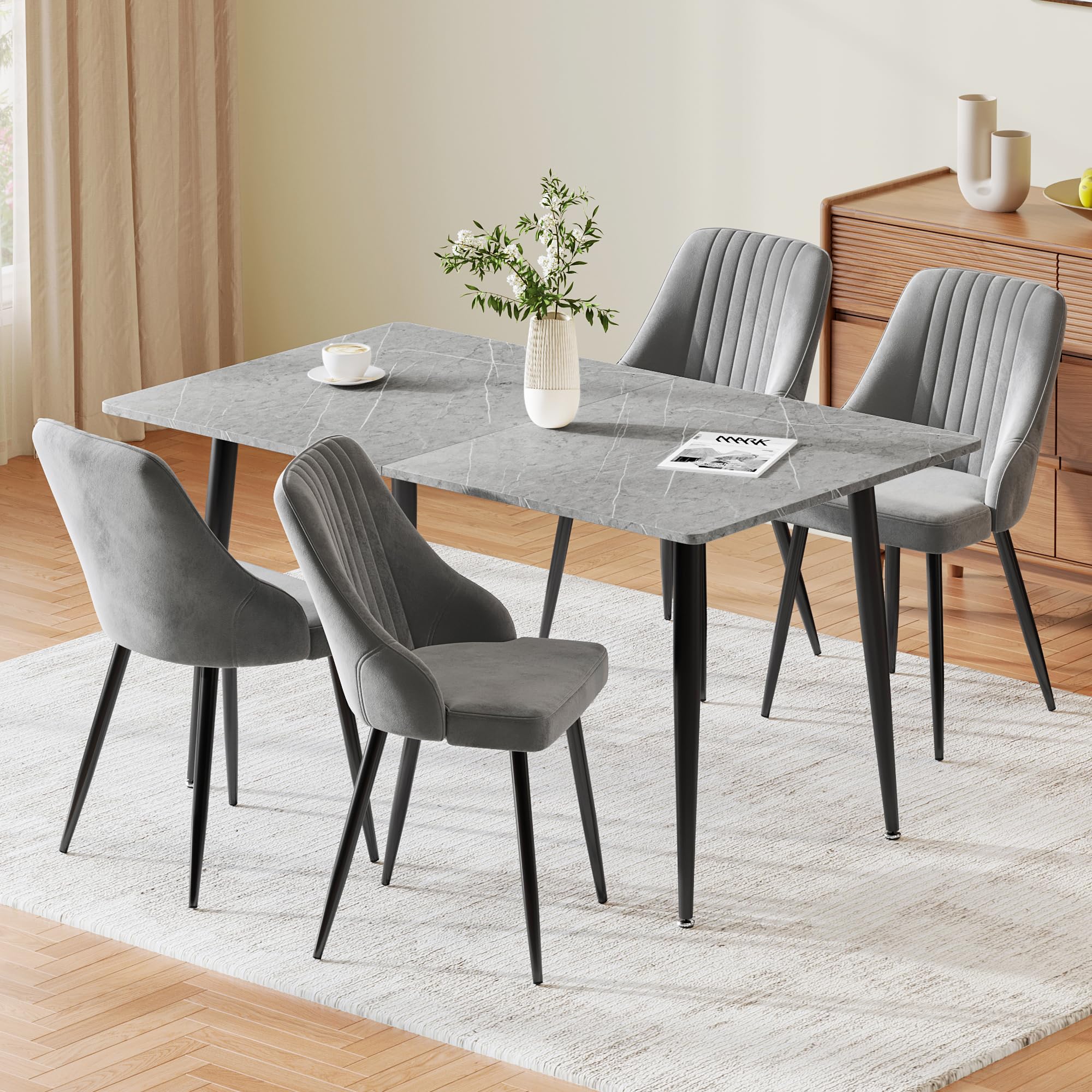 joolihome living Dining Table and Chairs Set 4, 120cm Grey Marble Effect Kitchen Table Set with 4 Velvet Grey Upholstered Dining Chairs, Modern Dining Room Furniture
